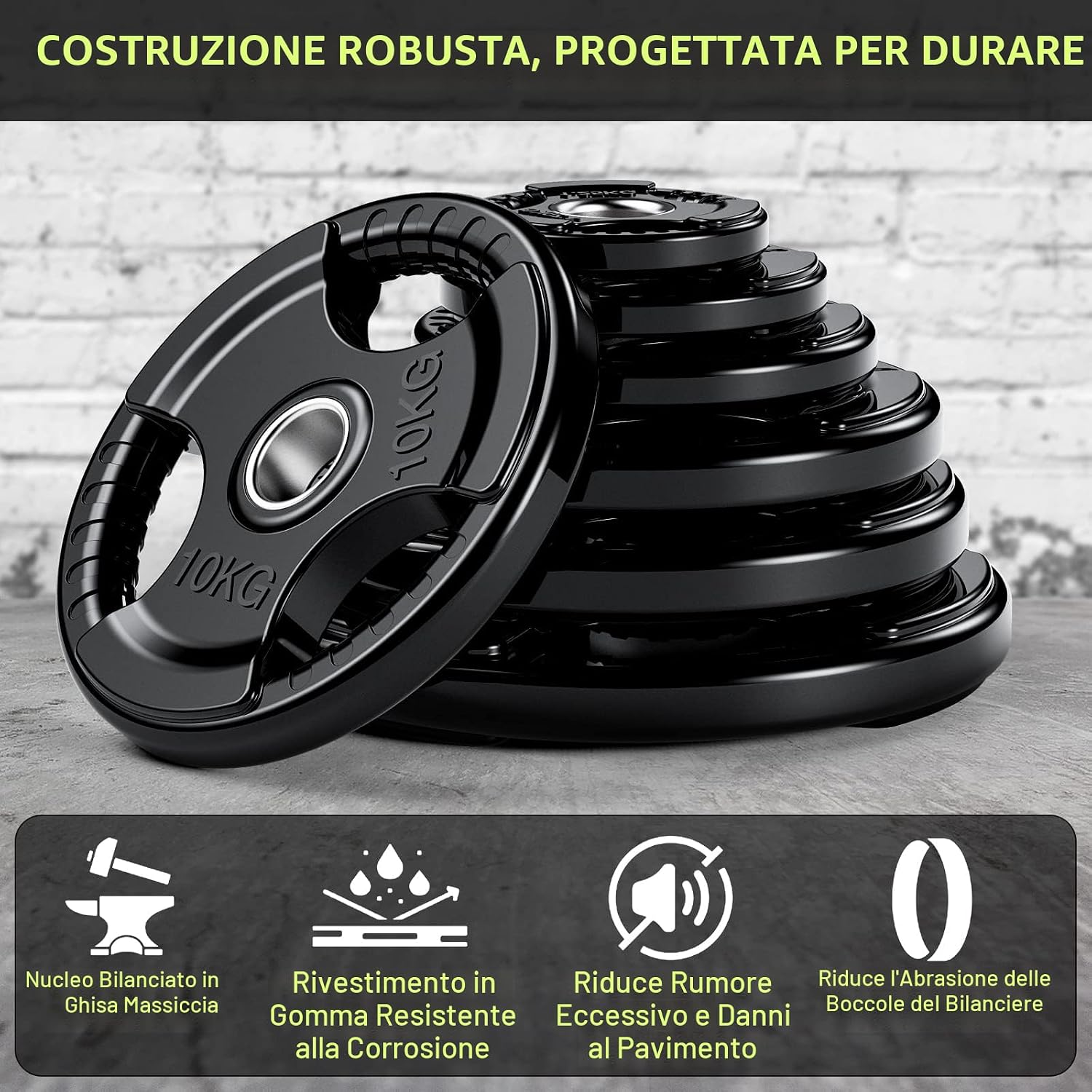 Detalle 2 de PhysKcal Dischi Olimpici in Gomma Ø50 mm, 1,25–25 kg: Piastra per Bilanciere e Manubri con Design Tri-Grip