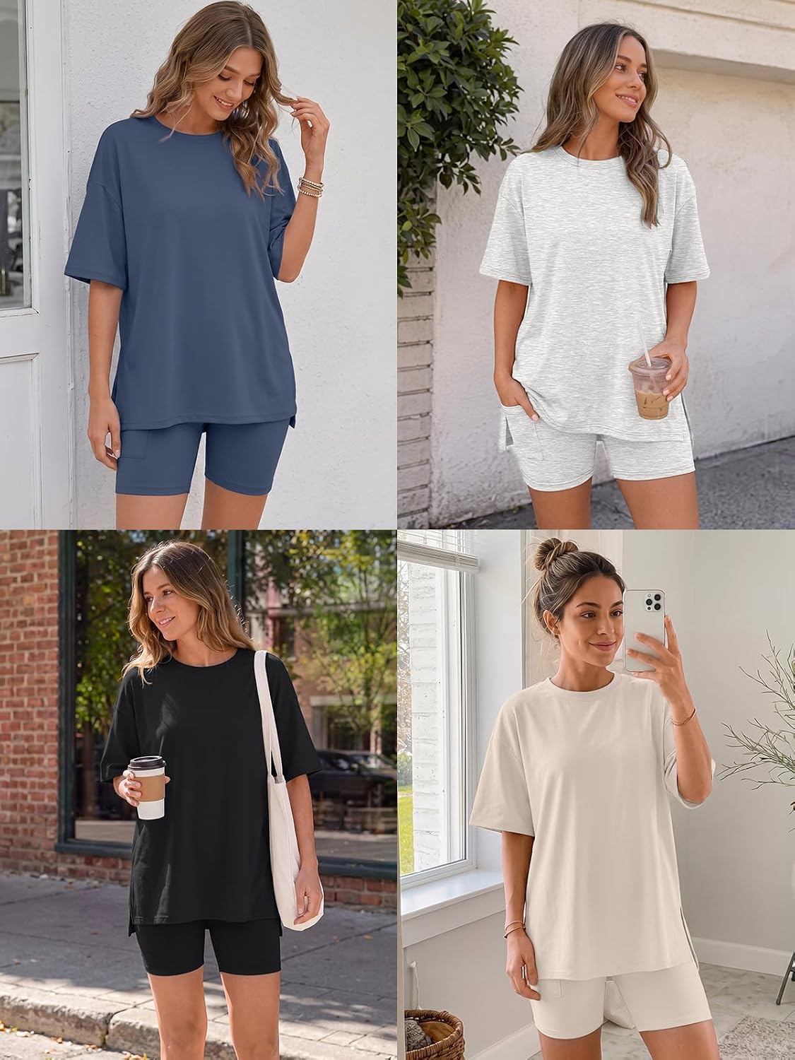 Detalle de LILLUSORY Women’s Lounge Sets: Rayon-Spandex Shorts 2-Piece Pajamas (Relaxed Tee + Biker Shorts)