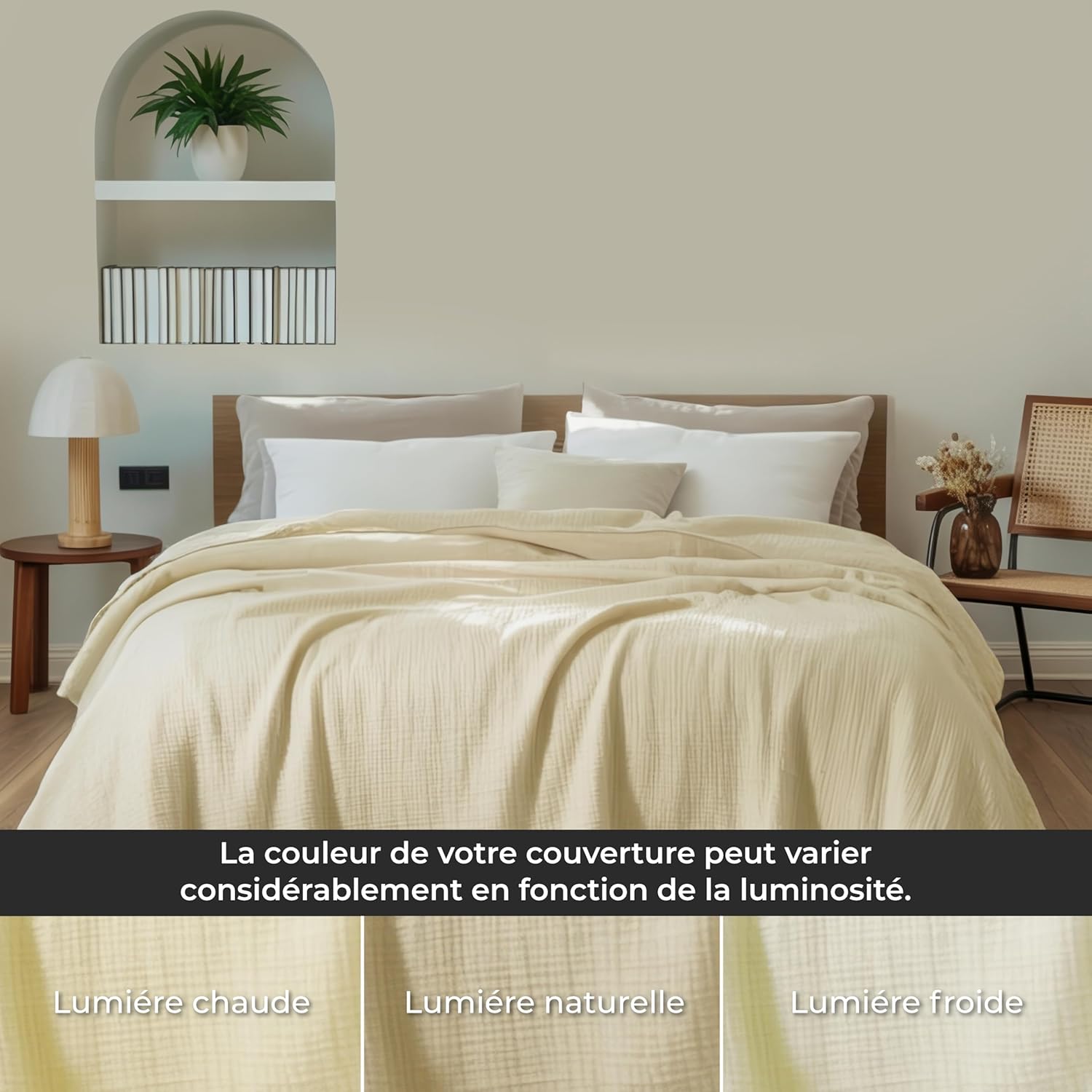 Thumbnail 3 de Dreamzie Couverture en mousseline 100% coton 4 couches 220x240 cm (beige) – légère, respirante, Oeko-Tex