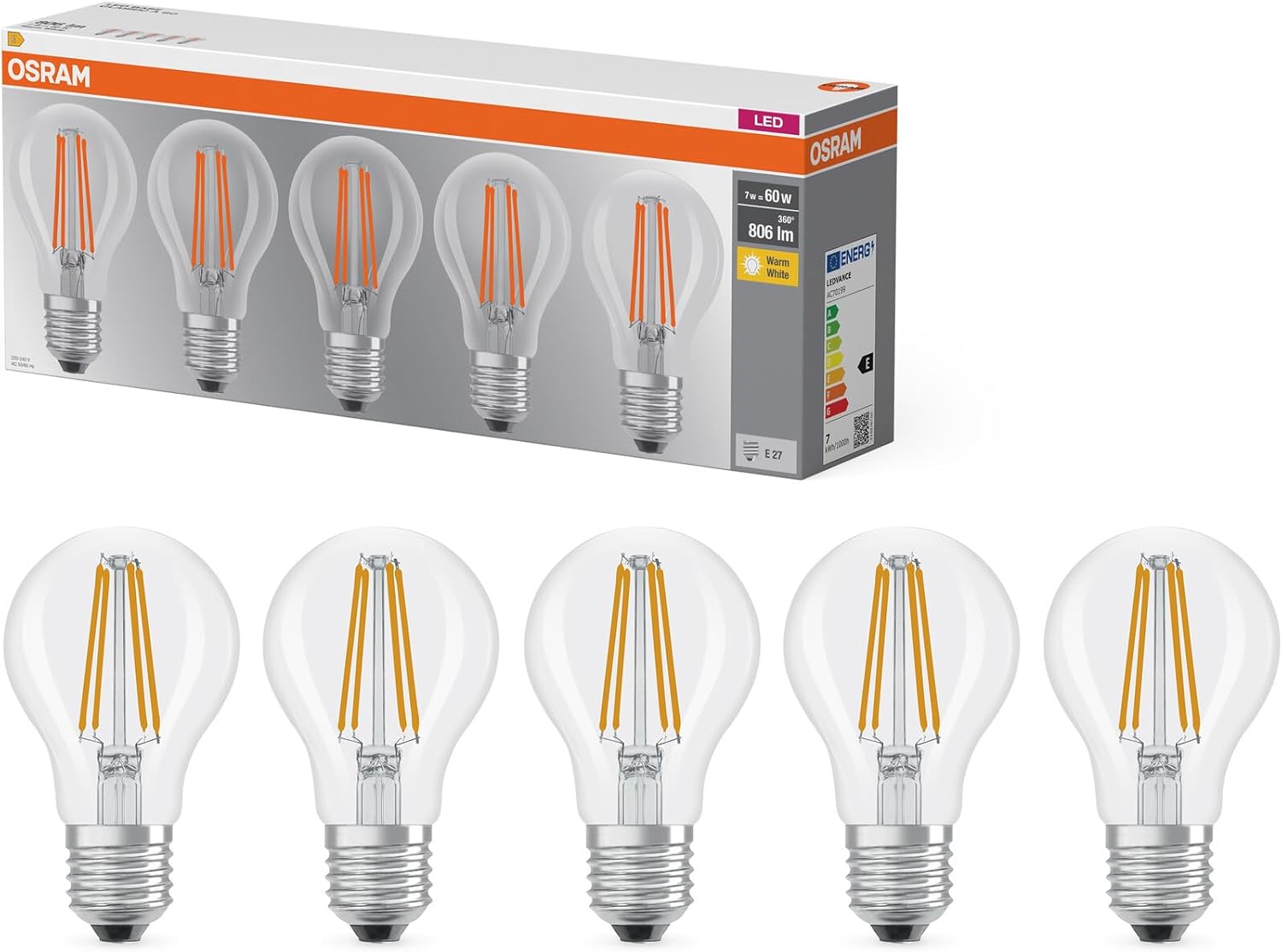 Detalle de Osram LED-Lampe Filament A60 – 7W, E27, 806 lm, 2700K warmweiß, stoßfest
