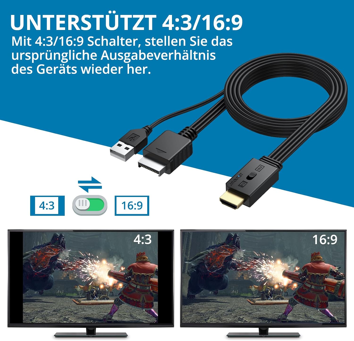 Thumbnail 3 de AUTOUTLET PS1/PS2 auf HDMI Adapter – Plug & Play, 1080p, 4:3/16:9 Konvertierung, 150 cm Kabel