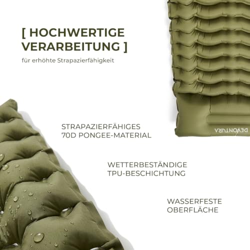 Detalle 2 de DEVONTURA Aufblasbare Isomatte mit Fußpumpe & Kissen – 10 cm Liegehöhe, 195x68 cm, kompakt & robust