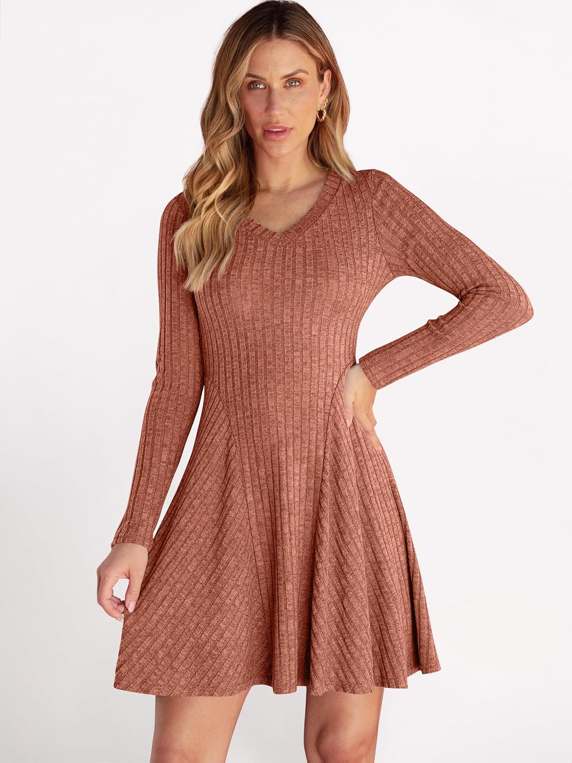 Thumbnail 6 de ANRABESS Knit Short Dress for Women, V-Neck, Long Sleeve, A-Line