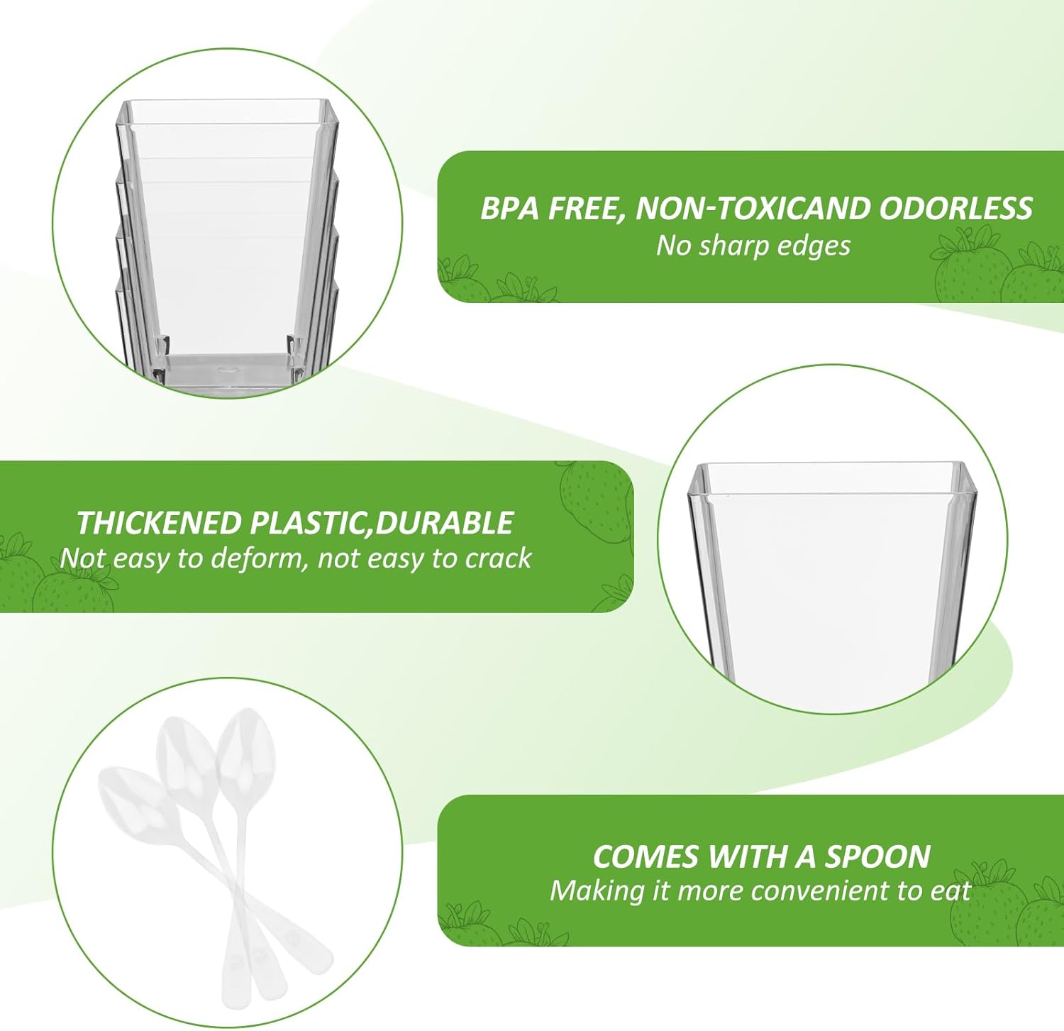 Detalle 2 de Ouxayapl Dessertgläser aus Plastik 5 OZ / 160 ml (50 Stück) inkl. 50 Löffel – transparente Dessertbecher für Eis, Mousse & Joghurt