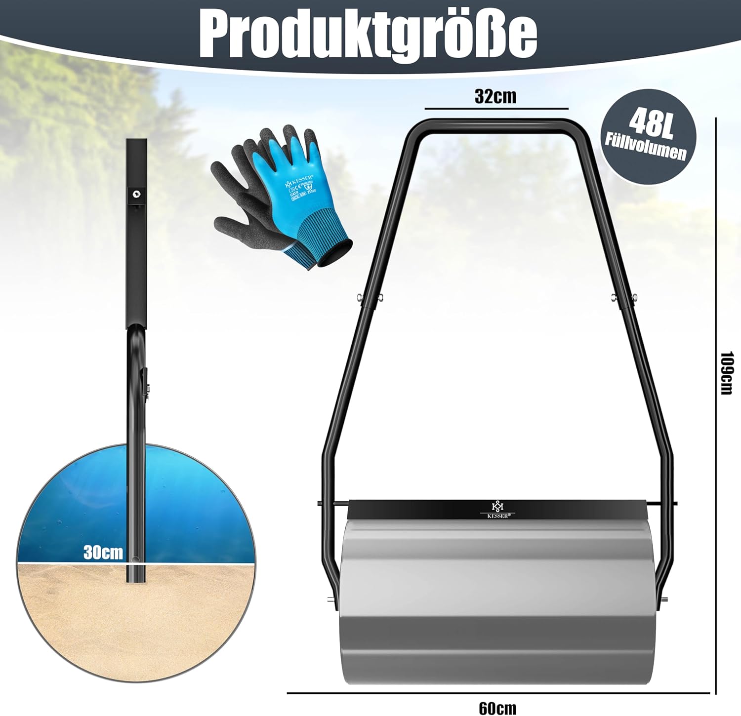 Thumbnail 1 de KESSER® Rasenwalze aus Metall, befüllbar (Wasser oder Sand) – 48 Liter Füllvolumen, 60 cm Arbeitsbreite