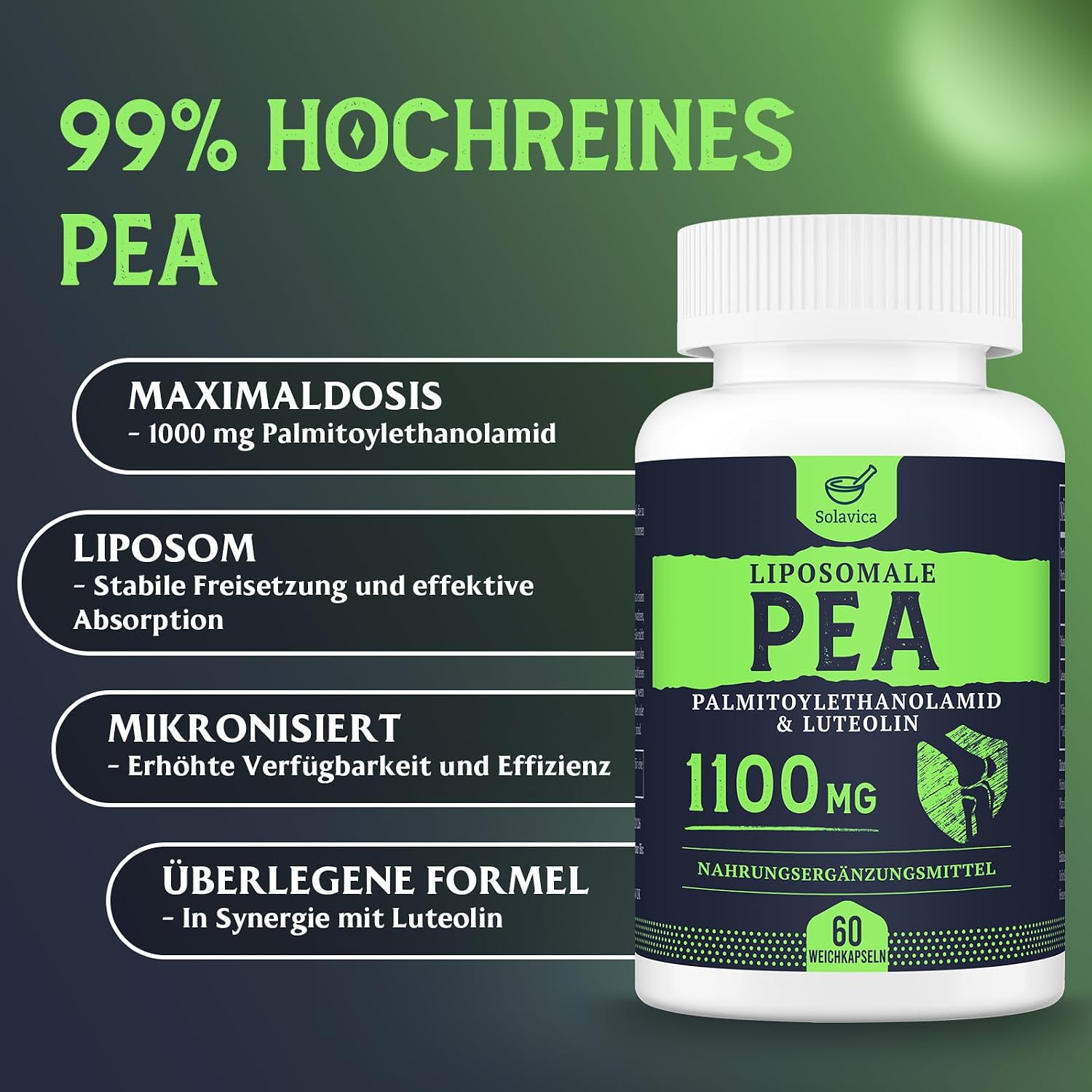 Detalle 2 de Liposomales PEA 1100mg – Mikronisiertes Palmitoylethanolamid mit Luteolin | 60 Softgel-Kapseln