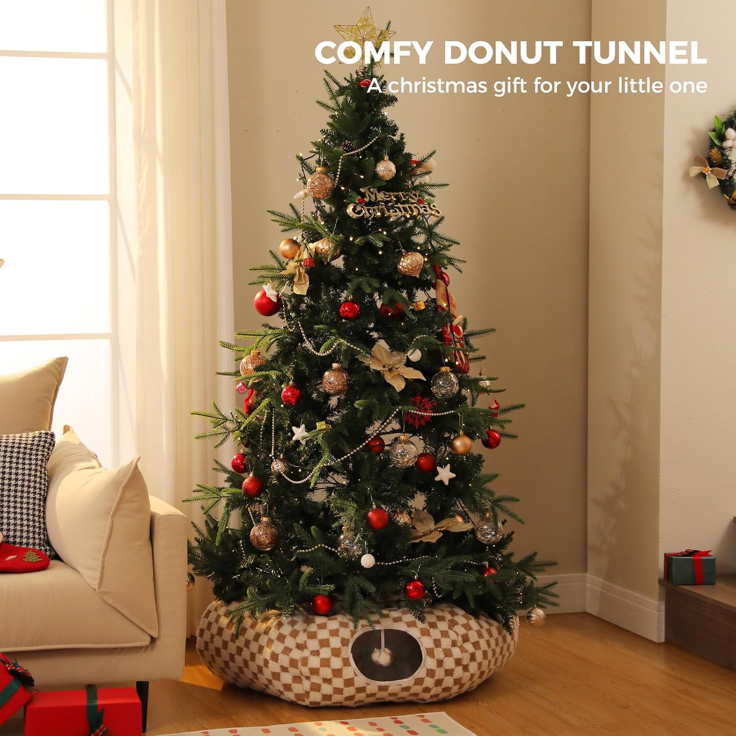 Detalle de PAWZ Road Plush Cat Tunnel: 2-in-1 Donut Circle Bed, 85 cm (Brown)
