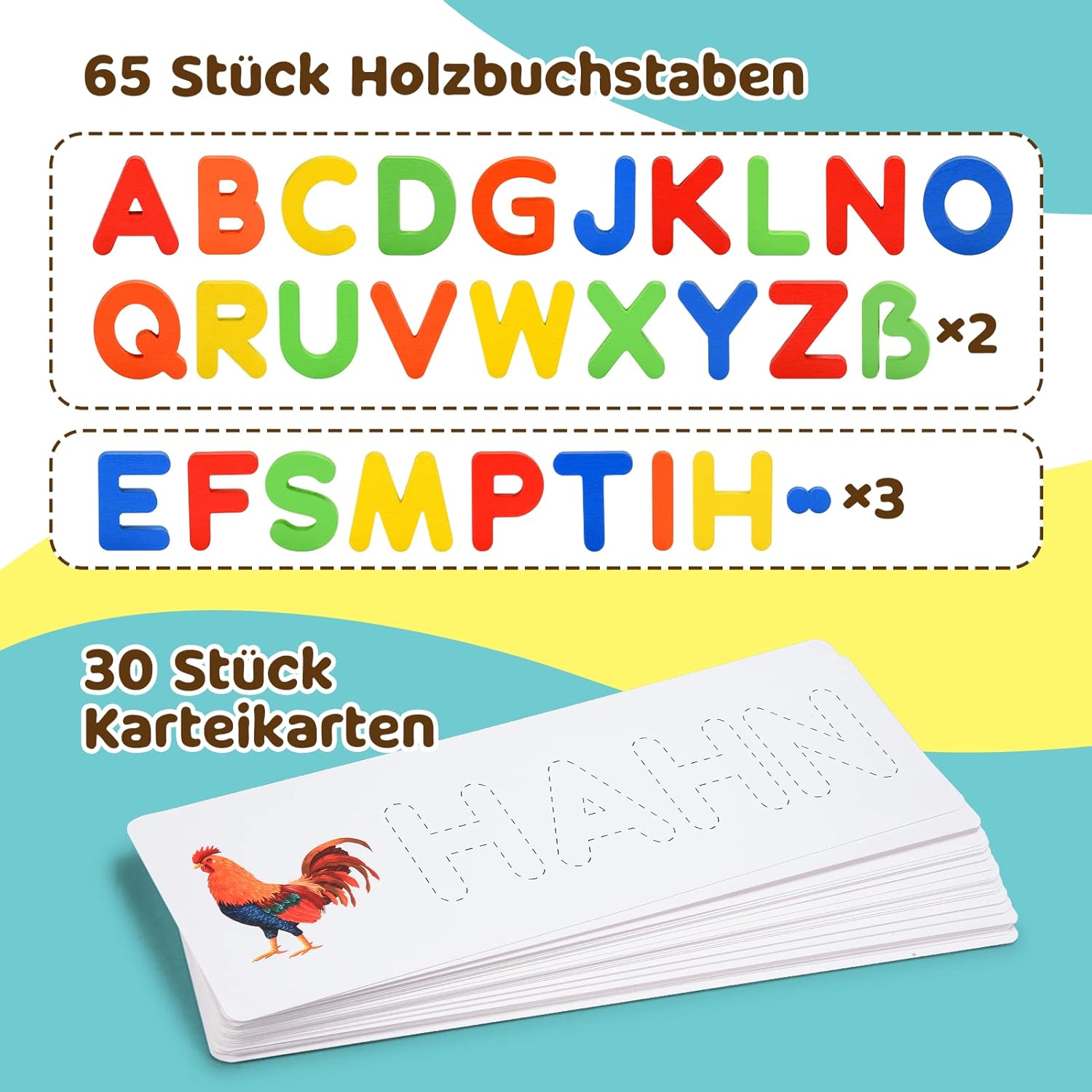 Detalle 2 de Qukir Buchstaben-Lernspiel: Montessori Alphabet mit 65 Holzbuchstaben & 30 Karten