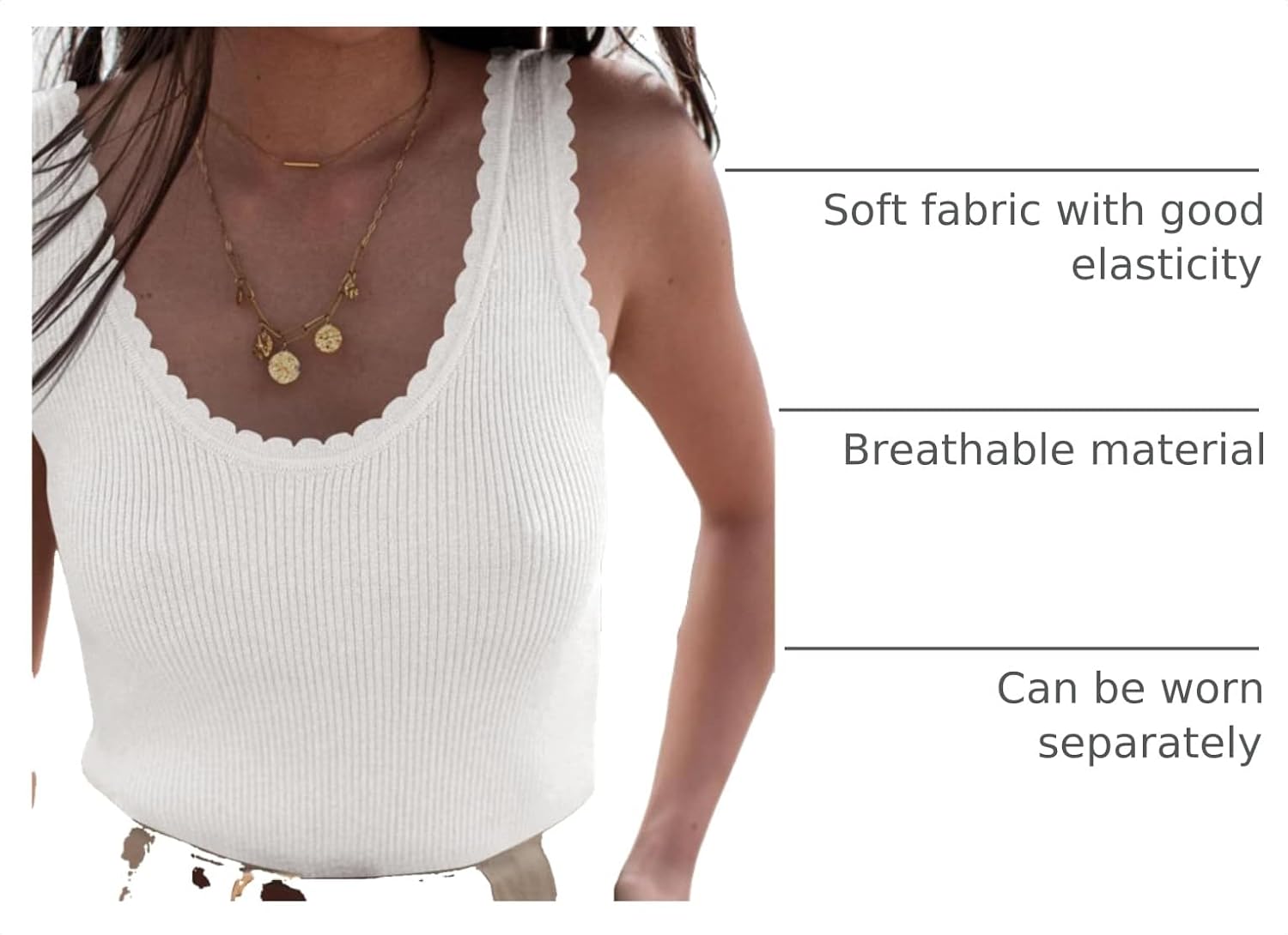 Detalle de Tankaneo Women’s V-Neck Ribbed Tank Tops (Sleeveless Scallop Edge) for Summer