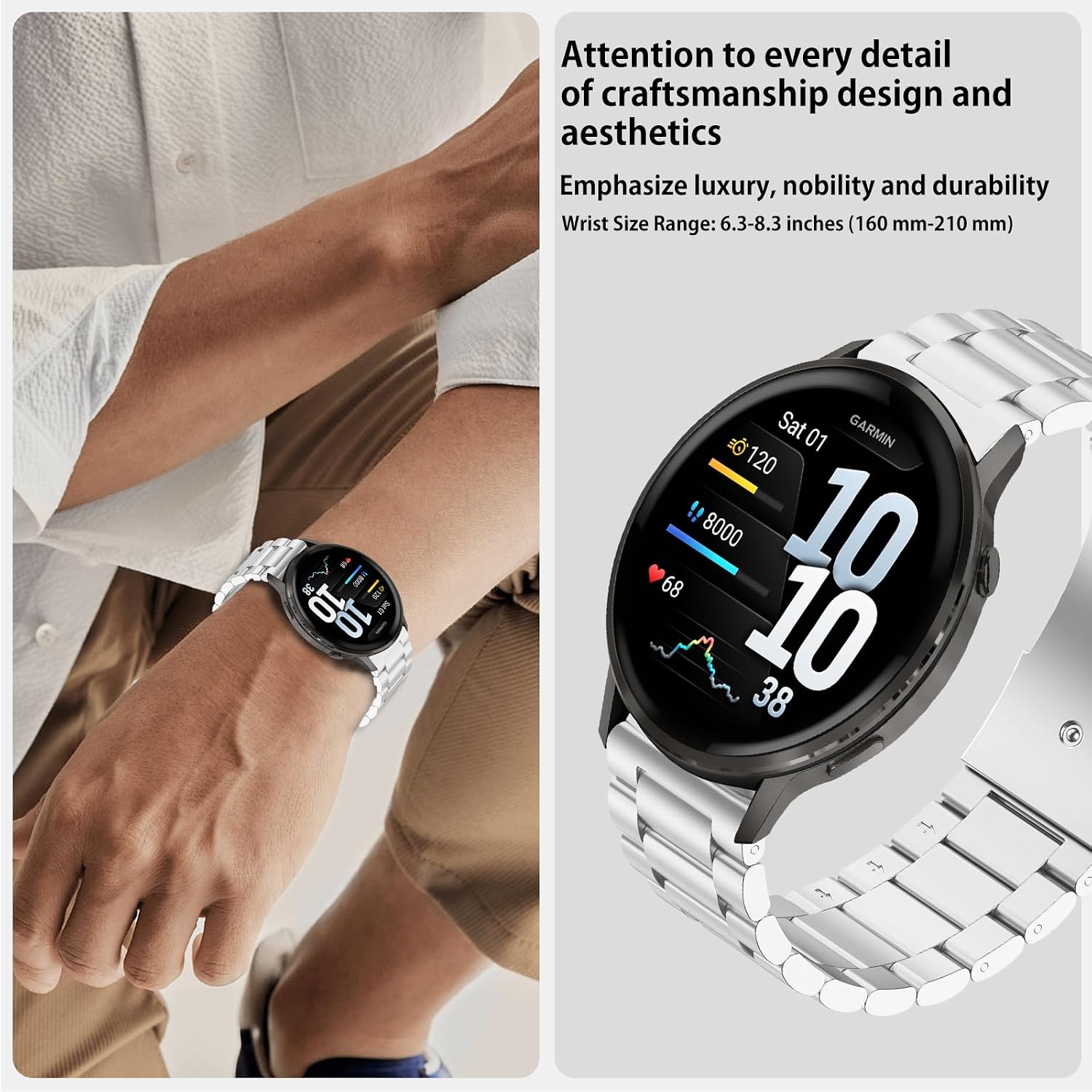 Detalle de SumRioo 22mm Stainless Steel Strap for Garmin Venu 4/3/2 & Forerunner 265/255 (Silver)