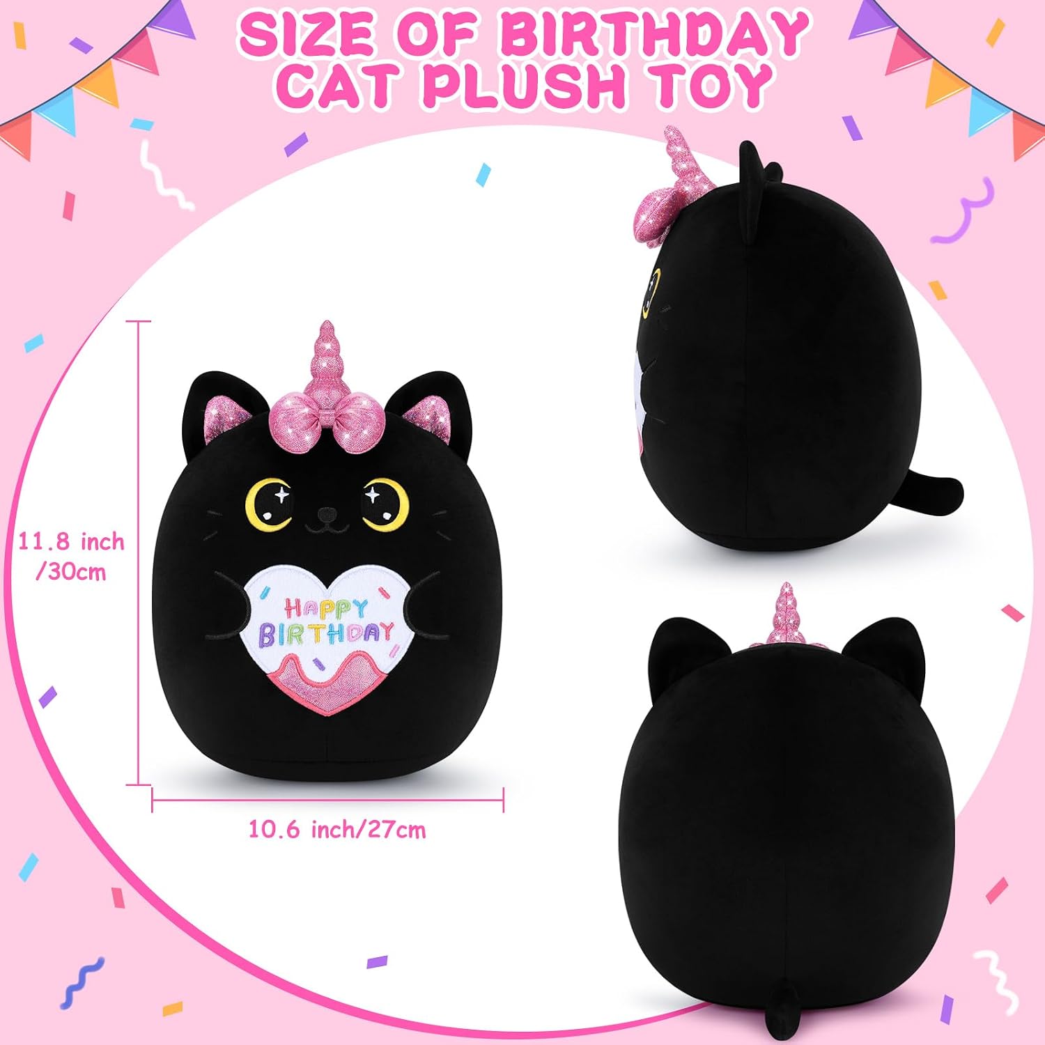 Thumbnail 1 de 11.6-inch Black Cat Happy Birthday Plush – cuddly kitten hugging pillow toy