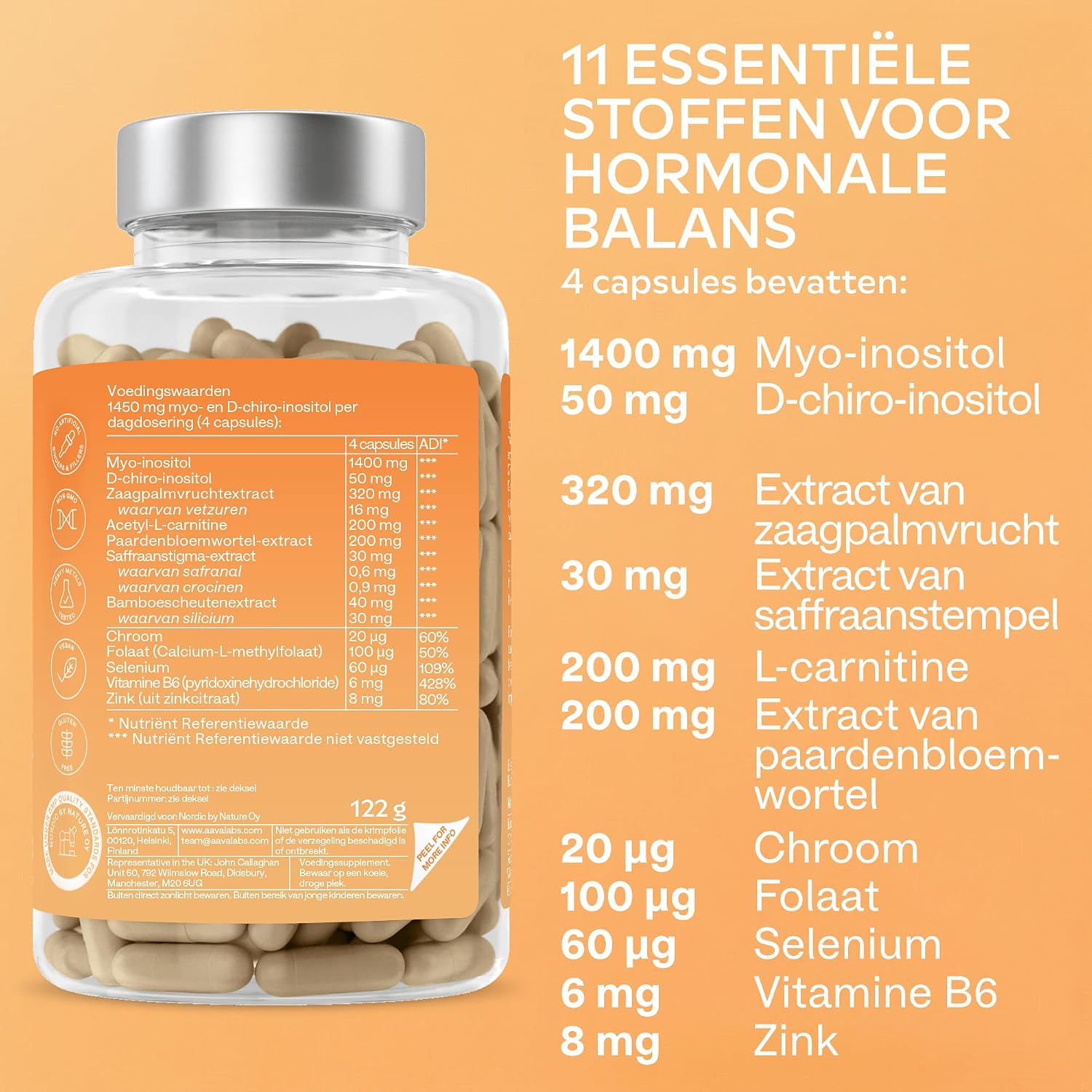 Detalle de AAVALABS Myo-Inositol & D-Chiro-Inositol capsules, 180 stuks, vegan