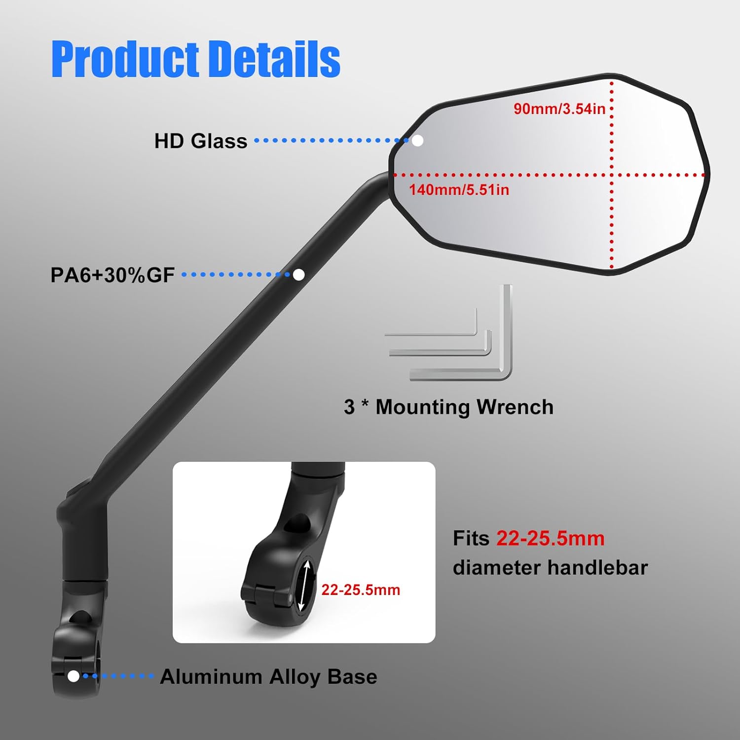 Thumbnail 3 de Diyife Long Bike Mirror with HD large wide-angle lens (1 pair) – 360° rotatable rearview for handlebars 22–25.5mm