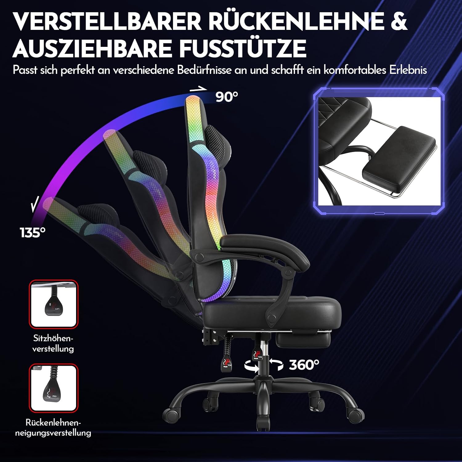 Detalle 2 de Gaming Stuhl GTPLAYER mit LED, bis 150 kg
