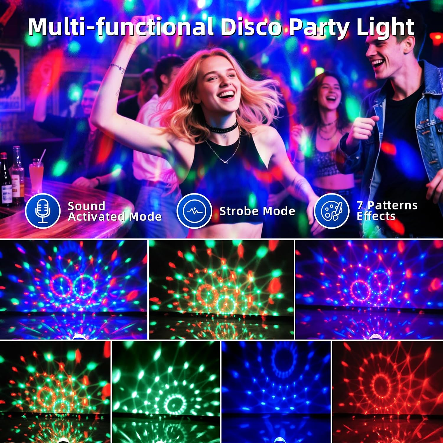 Detalle de Mslitely LED-EMS-303 set van 3 discolampen in ABS met RGB- en stroboscoopeffect