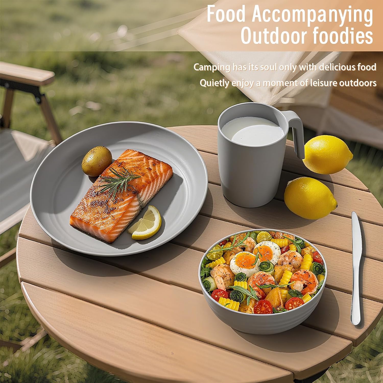 Detalle de Camping Plates and Bowls Set: Unbreakable, Portable Dinnerware for 1