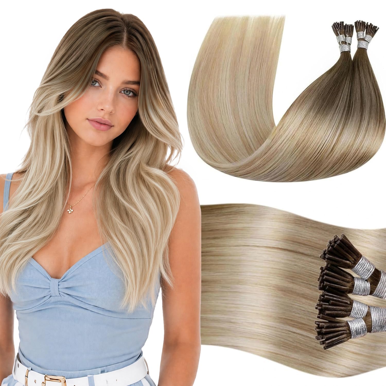 Detalle de LaaVoo I Tips Real Human Hair Extensions – Balayage Brown to Ash Blonde (18in, 50g, 60s)