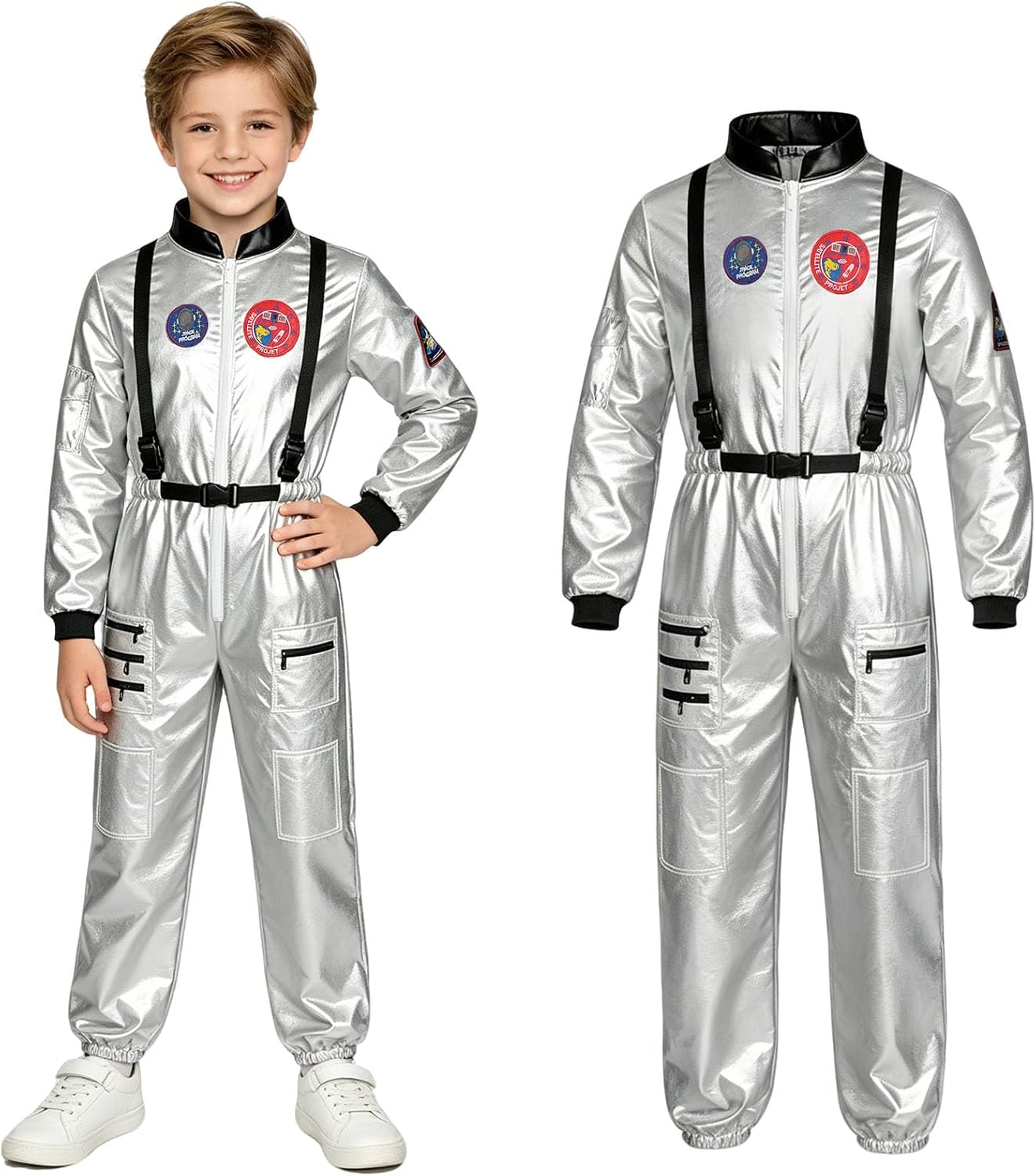 Detalle de AUYAO astronautenkostuum voor kinderen met zilveren overall en ritssluiting