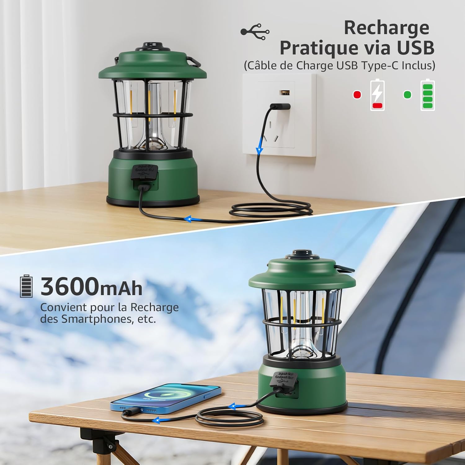 Thumbnail 2 de Lepro Lampe de camping rechargeable rechargeable à batterie externe 3600 mAh – 4 modes, intensité variable