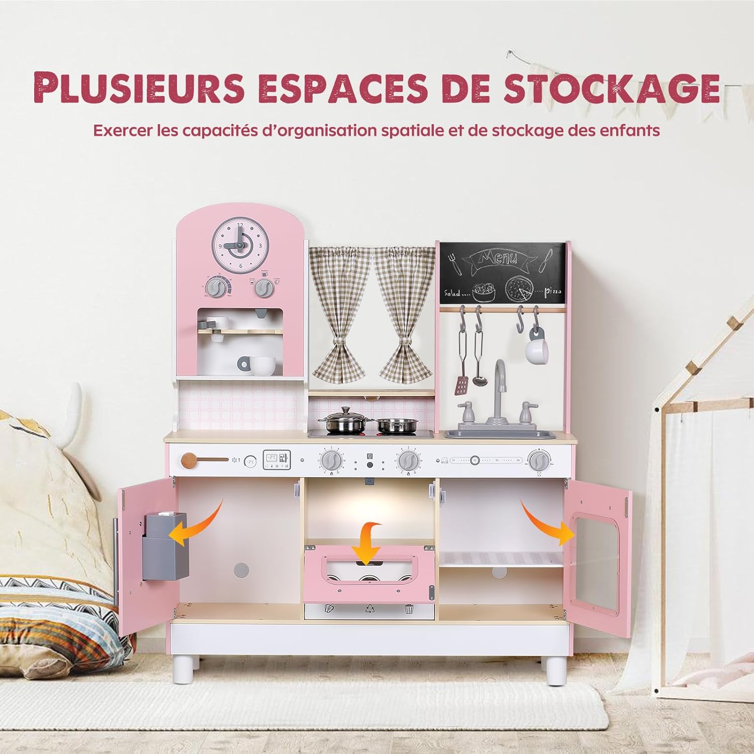 Thumbnail 6 de EDUBEBO Ensemble de Jeu de Cuisine pour Enfants – hauteur réglable en bois avec accessoires (Rose)