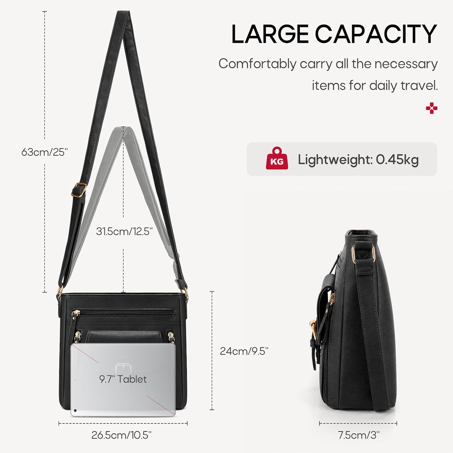 Detalle de RAINSMORE Cross Body Bag Women: PU Leather, 7 Pockets, Ideal for Daily Use