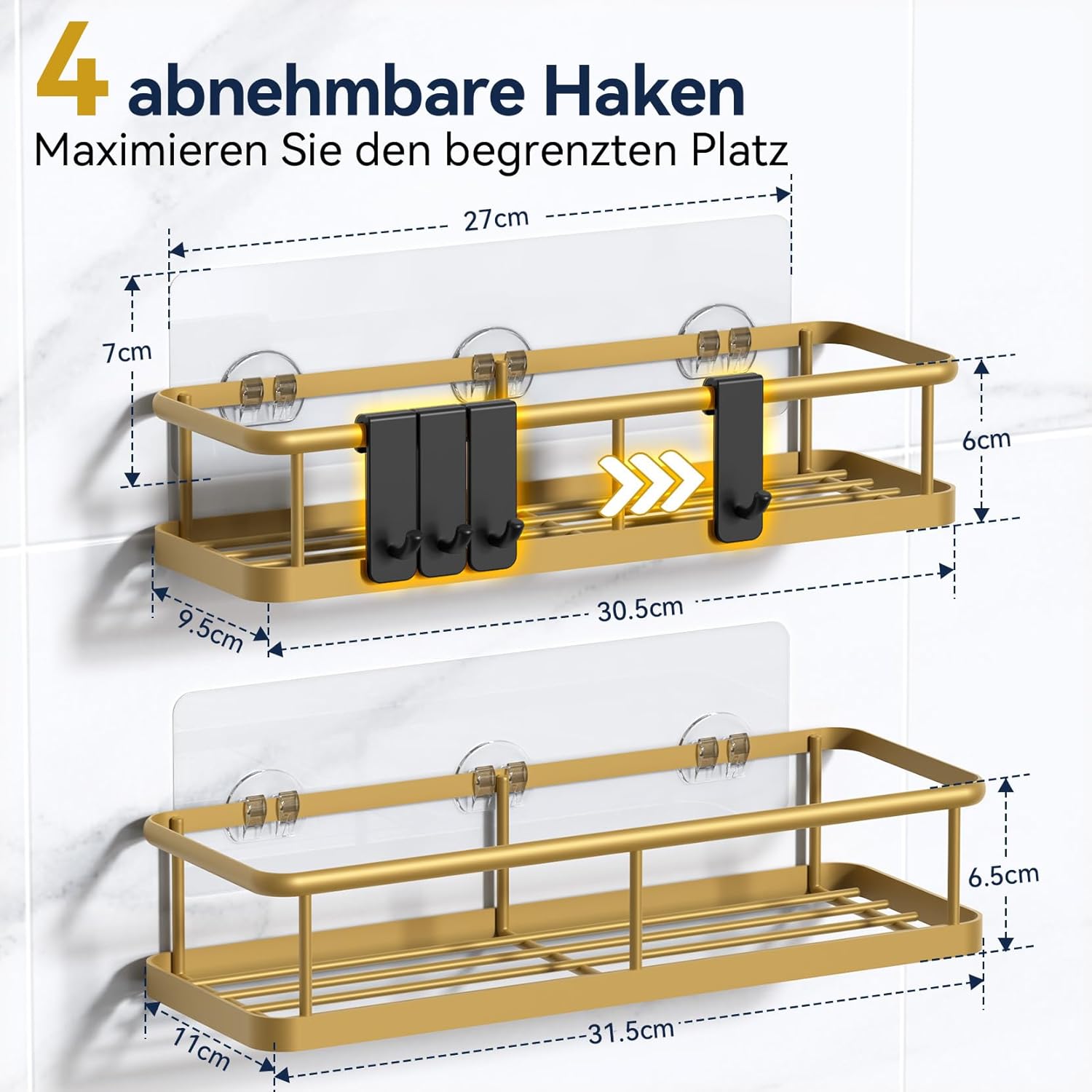 Detalle de YASONIC Duschablage Ohne Bohren – 2 Stück Rostfreies Duschregal mit 2 Haken, Große Kapazität, Large Gold