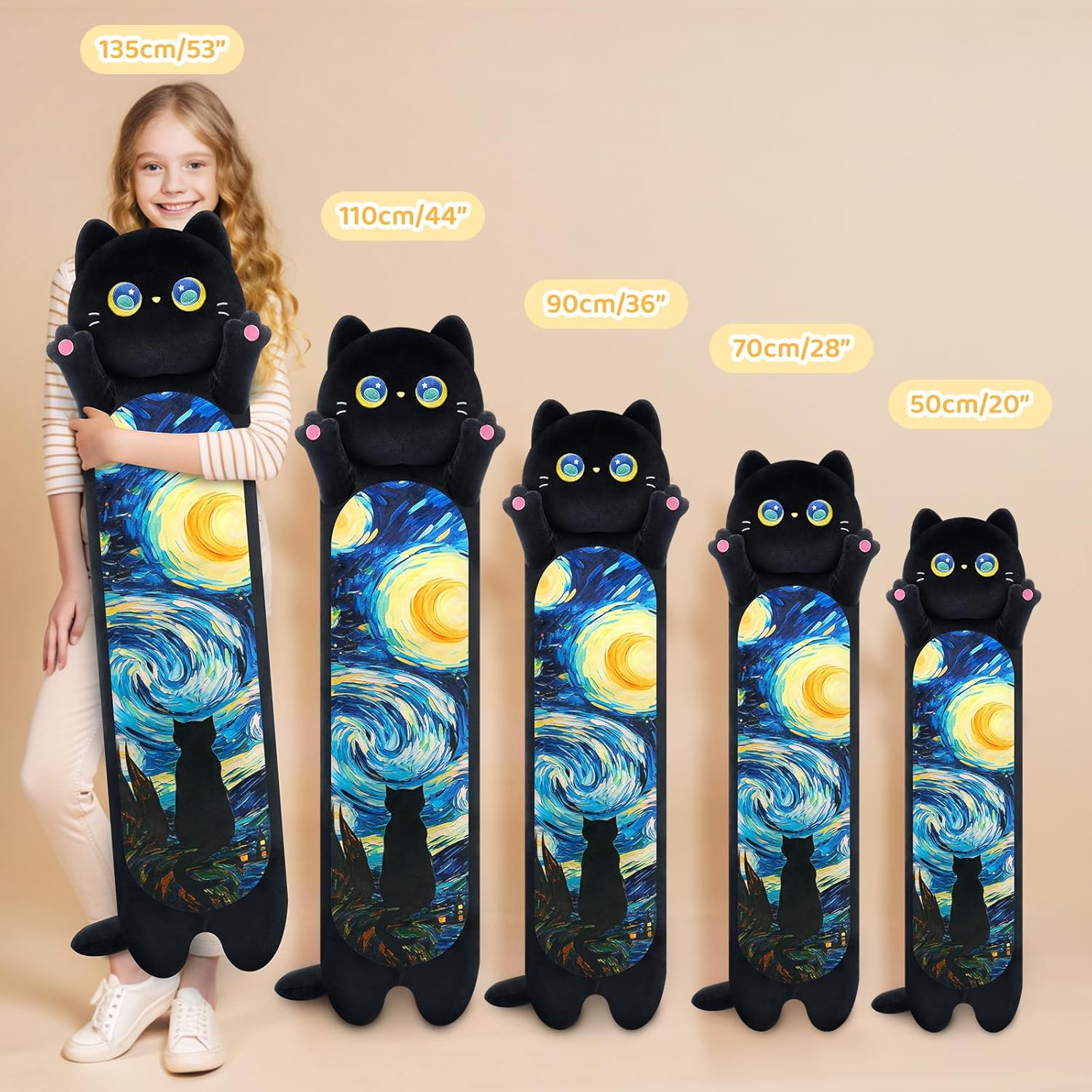 Thumbnail 4 de Mewaii Long Cat Plush 5 Sizes (120% Extra Filling) Giant Long Body Pillow — Kawaii Black Starry Cat
