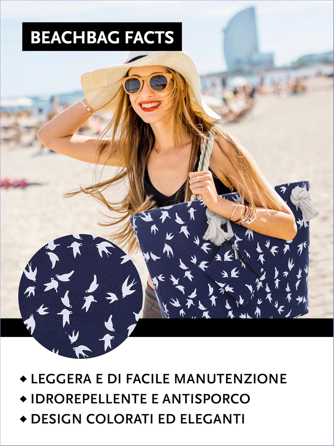 Detalle de DonDon Borsa da spiaggia grande con chiusura zip 58 x 38 x 18 cm, shopper yacht style