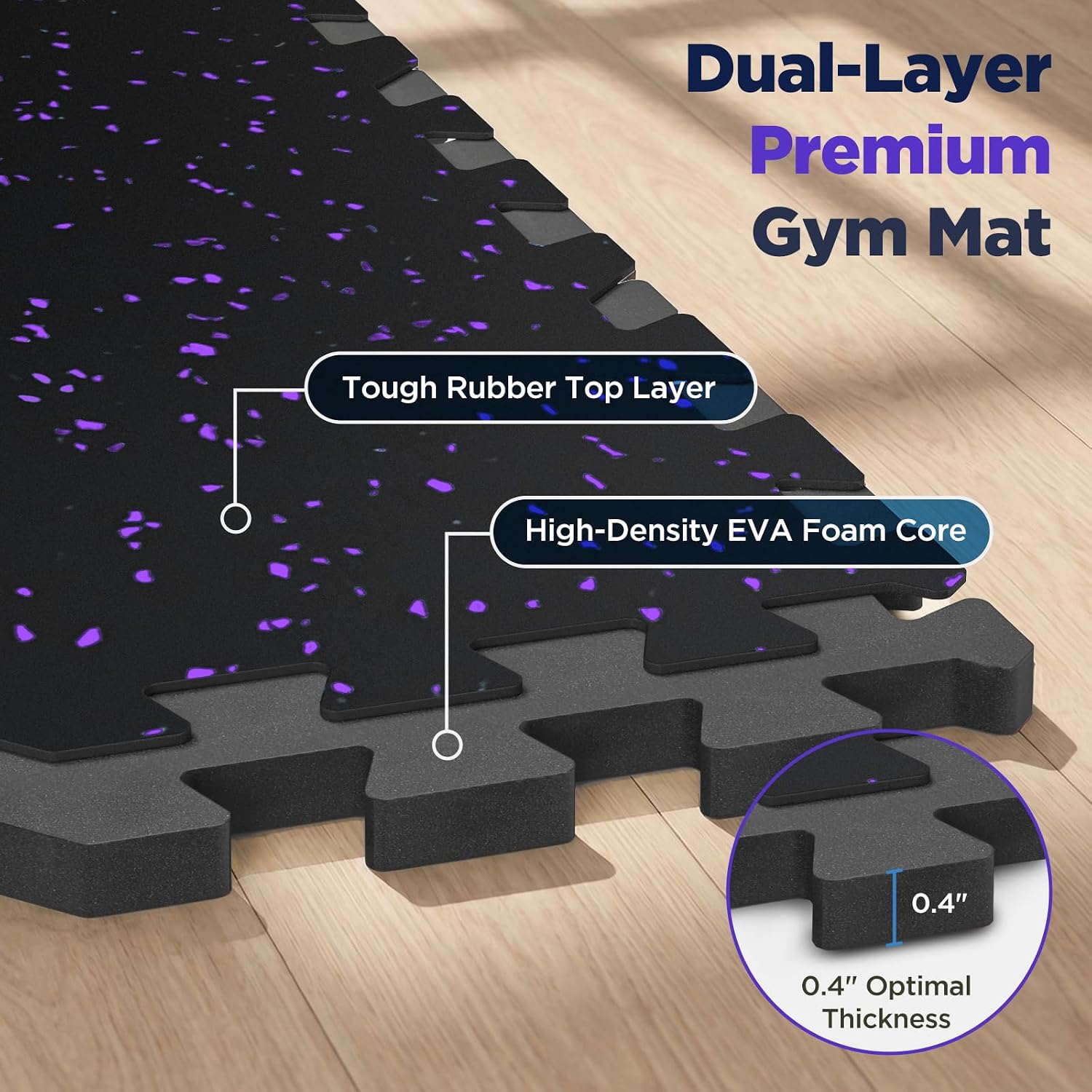 Detalle 2 de VivaLuz VL-GM1-10 Interlocking Gym Mats, 0.4-Inch EVA Foam, Black/Purple