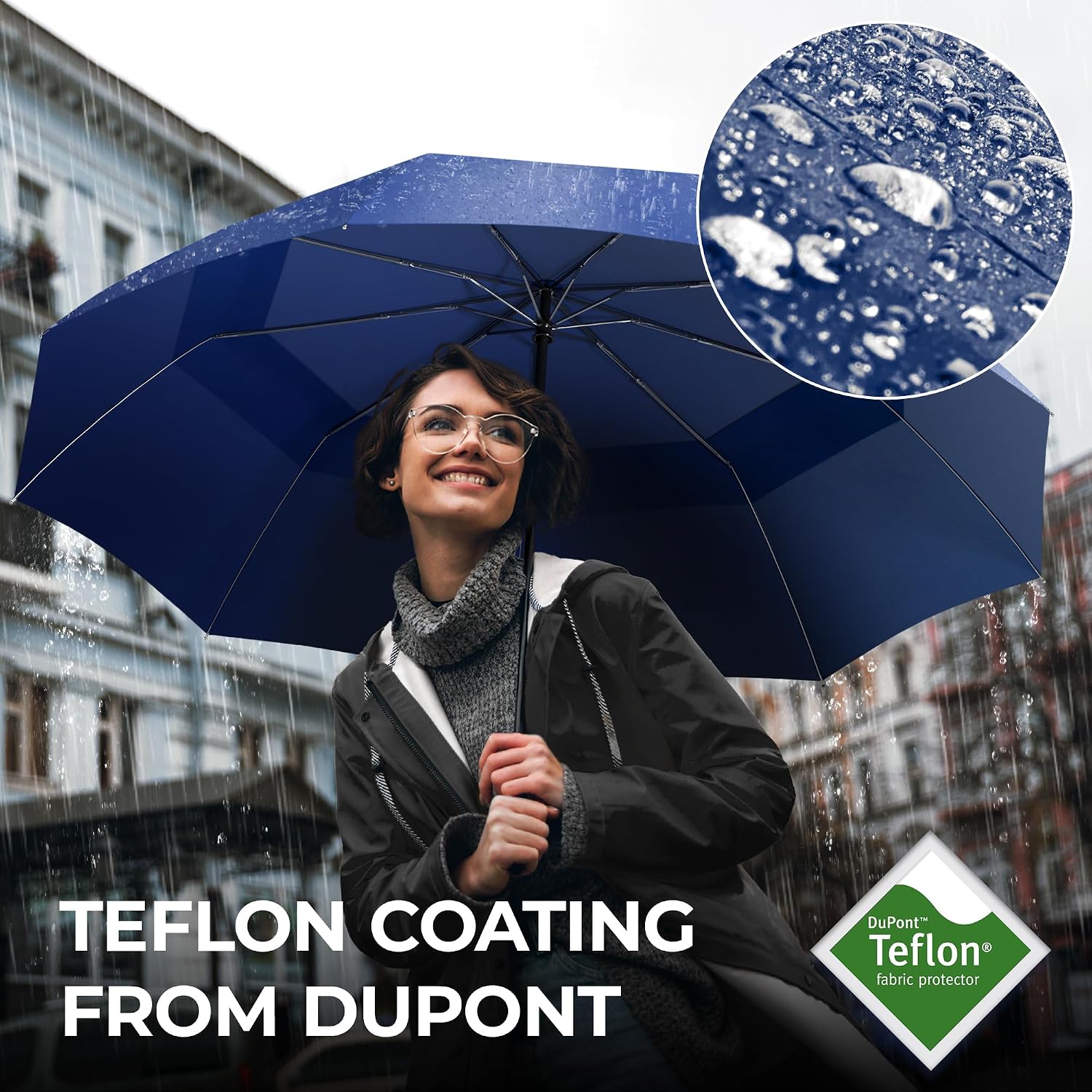 Thumbnail 3 de Umbrella Windproof Compact Automatic Double-Canopy Travel Brolly with Teflon coating (Teflon Blue) – Auto Open/Close