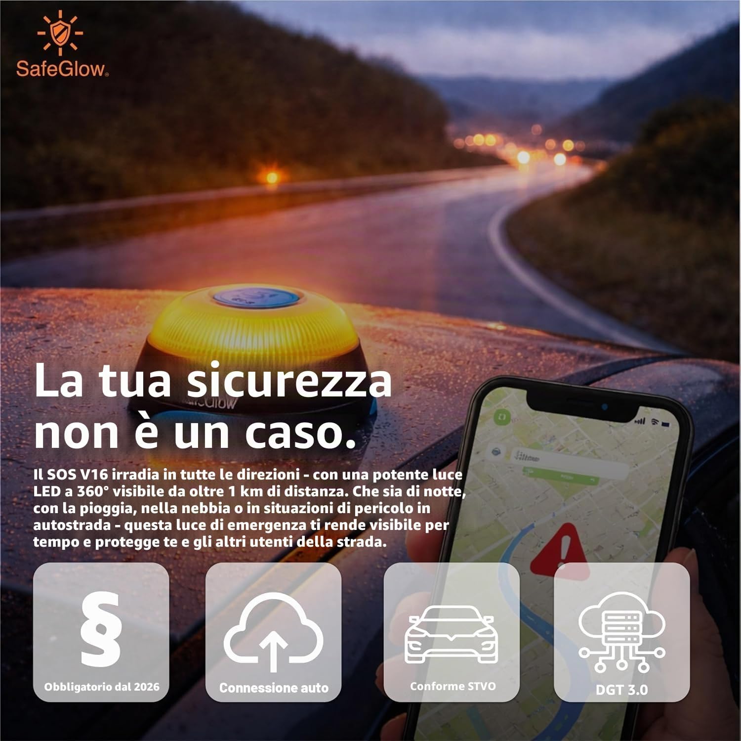 Detalle de Safeglow Luce di emergenza V16 DGT (V16 Light con SIM) – triangolo di emergenza LED 360° per auto e moto