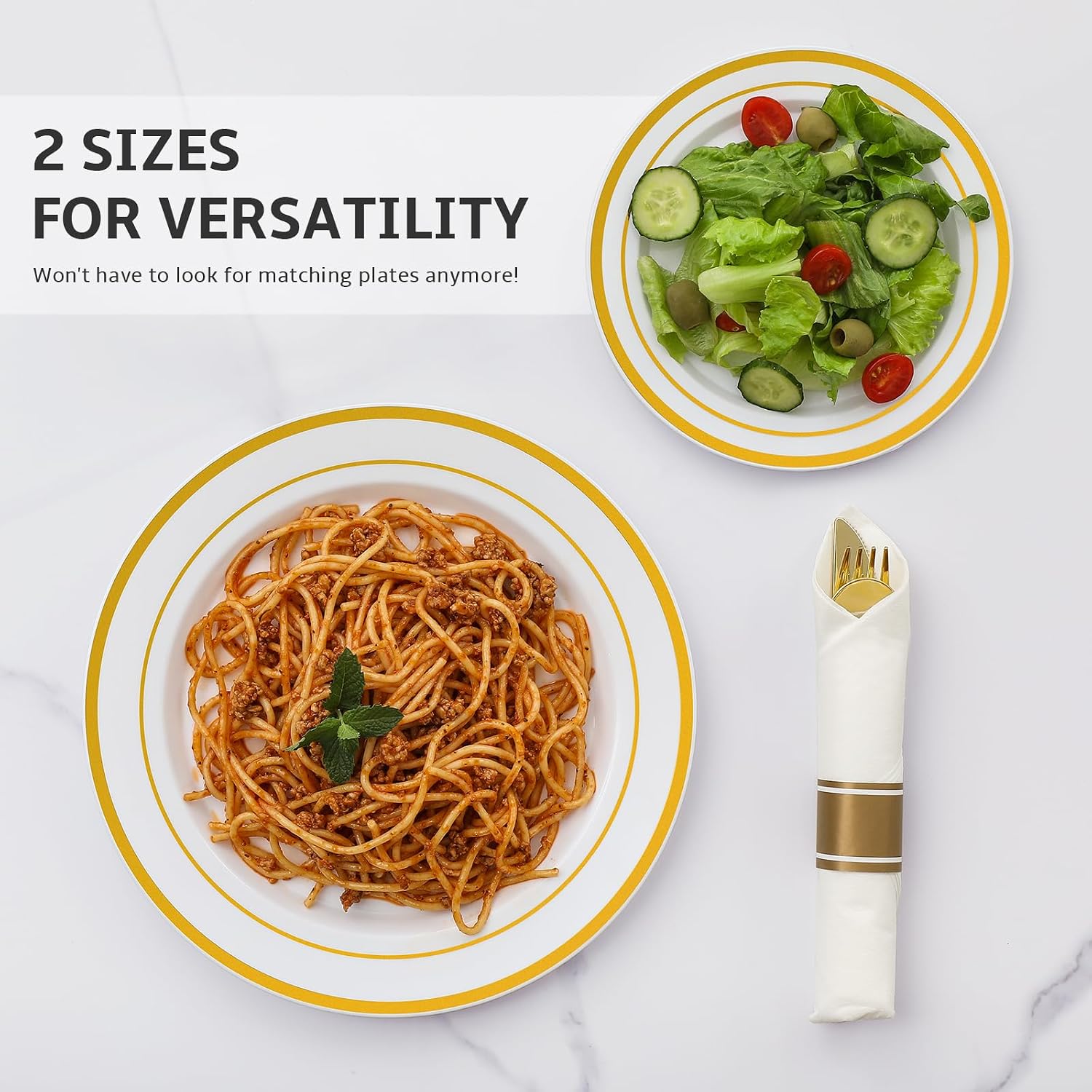 Detalle de AOZITA 200PCS Gold Plastic Plates Set: Heavy Duty Disposable Dinnerware with Gold Rim