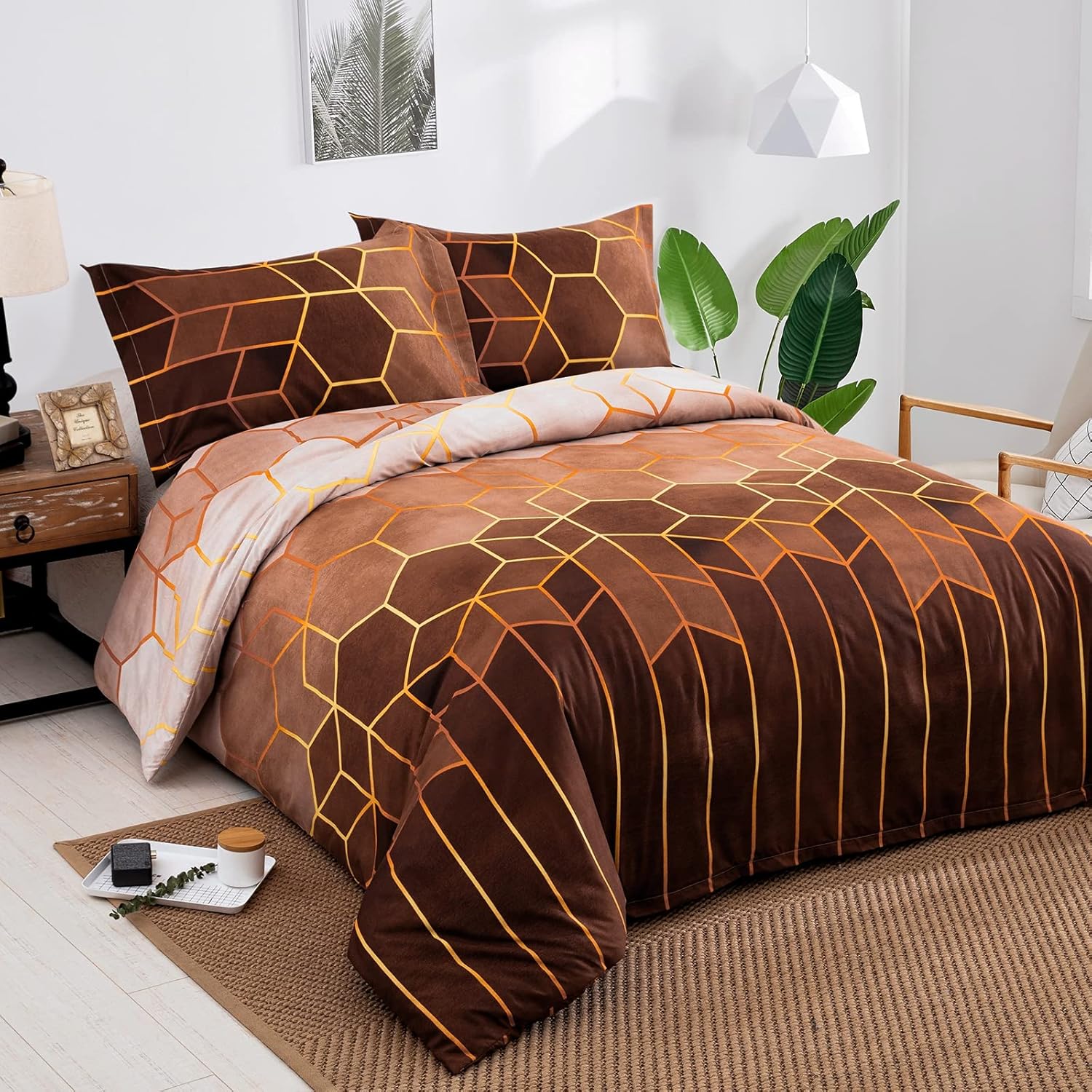 Thumbnail 1 de DJY Brown Geometric Duvet Cover Set (King, 220 x 230cm) – Reversible Golden Stripes, Zip Closure