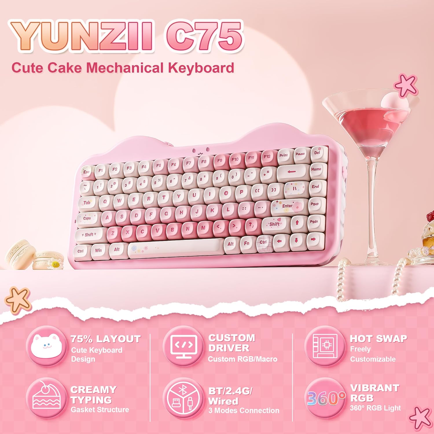 Thumbnail 1 de YUNZII C75 Tastiera Meccanica Wireless Gaming 75% – RGB, Hot-Swap, Gasket Mount, Candy Pink