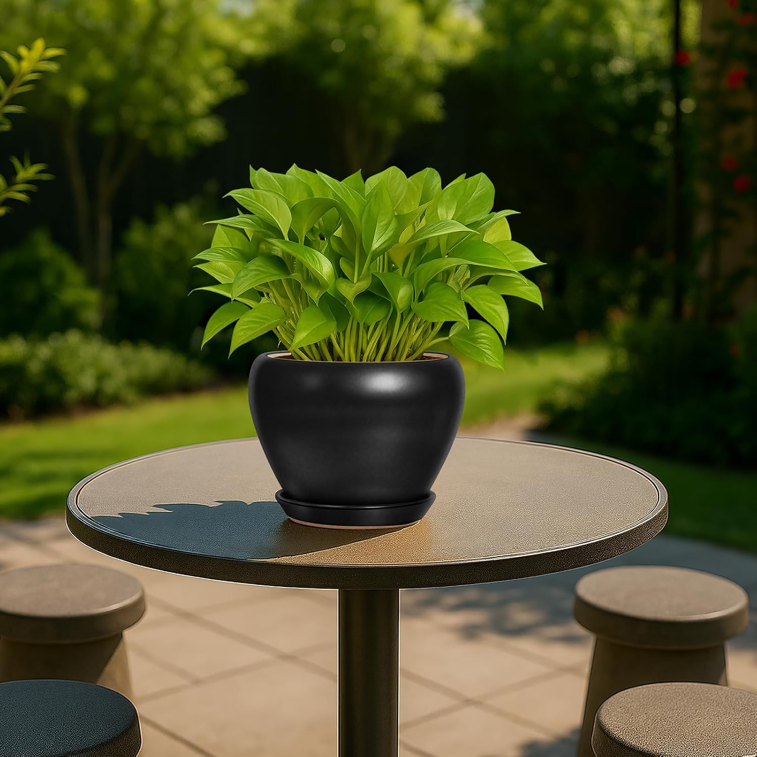 Detalle 2 de Deep Dream 6-Inch Ceramic Planter with Drainage Hole and Tray, Matte Black