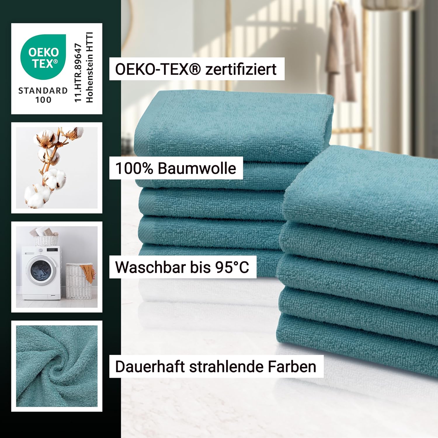Detalle de ZOLLNER 10er Set Seiftücher – weiche, saugstarke Waschlappen aus Baumwolle, 30×30 cm, Petrol, waschbar bis 95°C