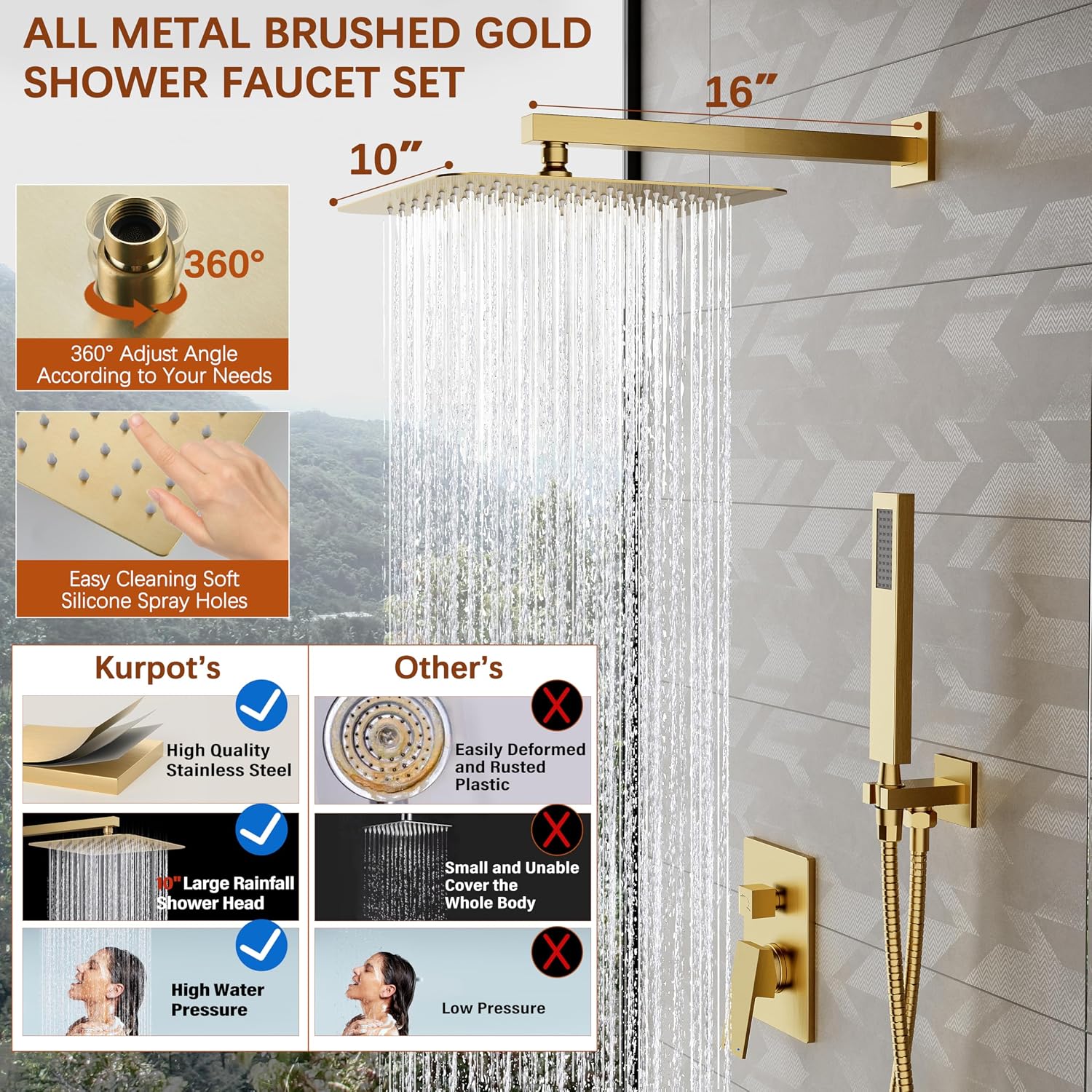 Detalle de Kurpot K103906BG Shower System, 10-Inch Brushed Gold Rain Head and Handheld