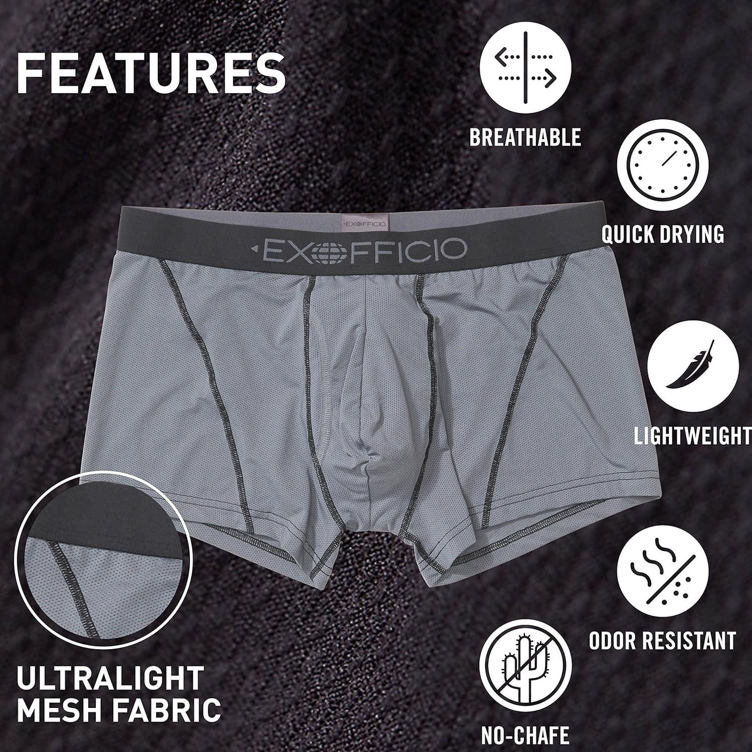 Detalle de ExOfficio Men's Give-N-Go 2.0 Sport Mesh Boxer Brief 3" — Ultralight, Travel-Ready Underwear