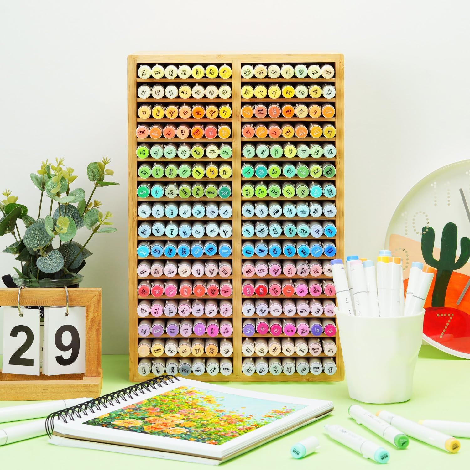 Detalle de Ohuhu Bamboo Marker Organizer – Desktop Storage for 224 Markers (Honolulu Oahu Series) with 18 Compartments