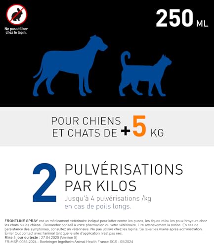 Detalle de FRONTLINE Spray Pompe 1,5 ml – antiparasitaire chien & chat contre puces et tiques (250 ml)