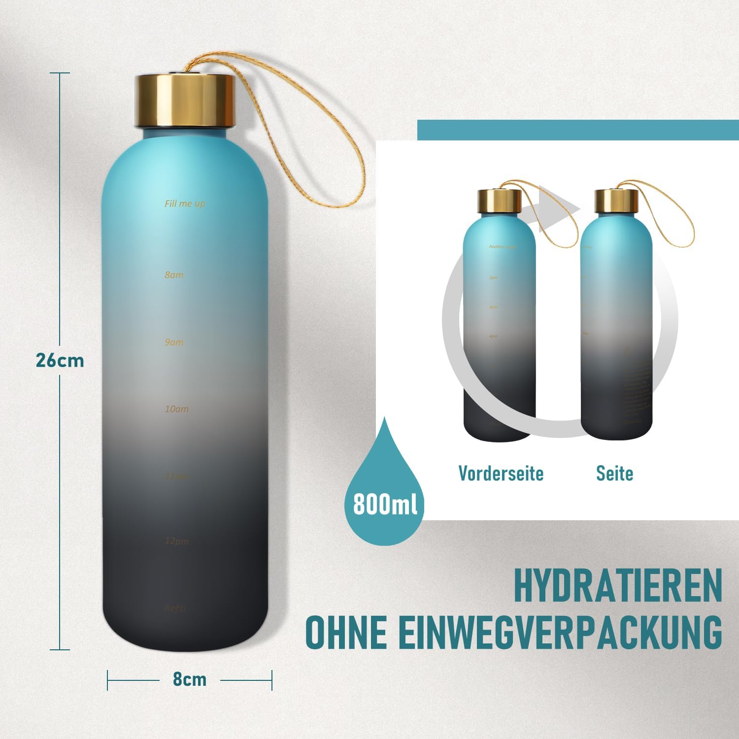 Thumbnail 1 de Opard Trinkflasche 1L/800ml (800ml) aus Tritan, auslaufsicher – mit Zeitmarkierung