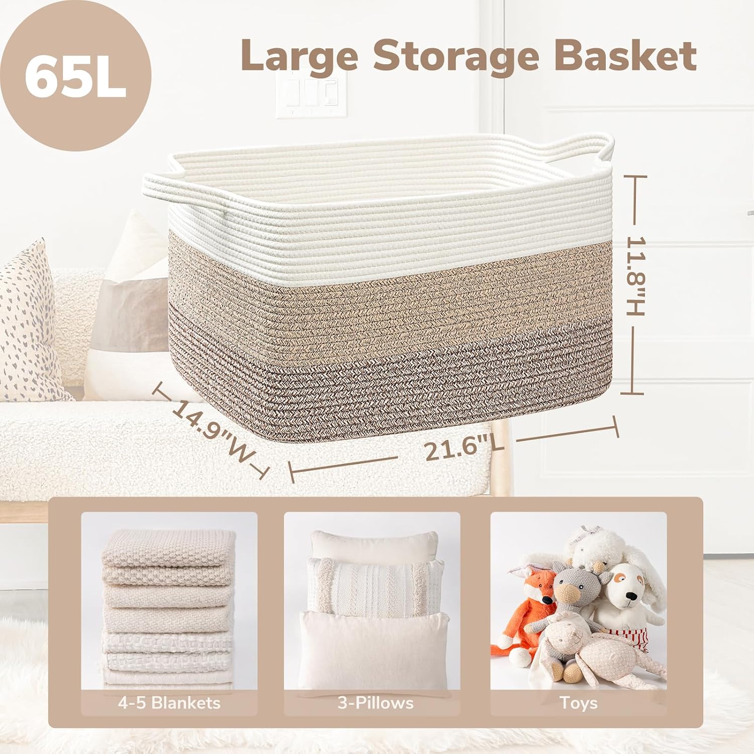 Detalle de Goodpick woven-Lsquare3pin light brownGoodpick Cotton Rope Storage Basket, 70 L