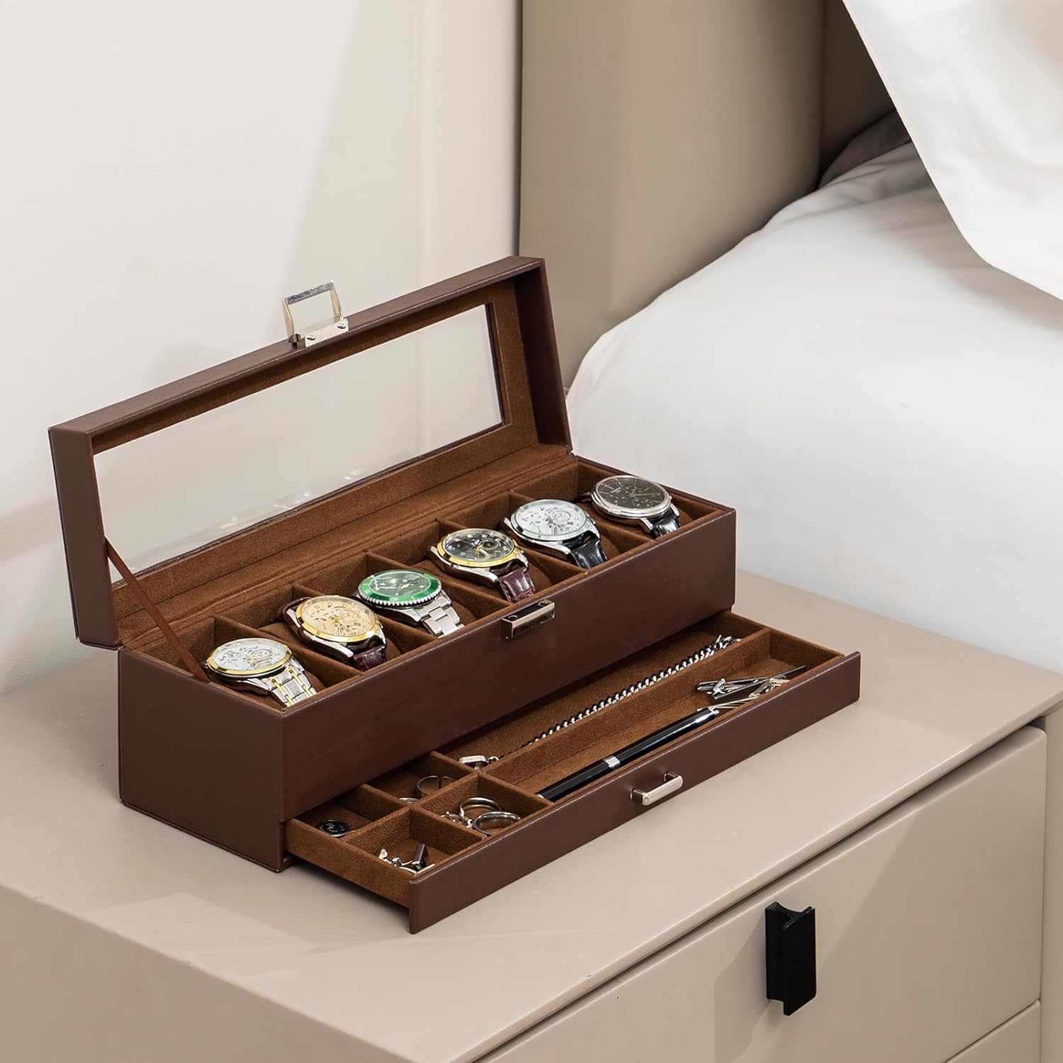 Thumbnail 6 de ProCase caja de relojes de 6 ranuras con cajón y tapa de cristal (2 capas) – café
