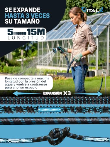 Detalle de VITALX Manguera Extensible de Jardín ANTIPINCHAZOS 15 m con Pistola de Riego 10 Funciones