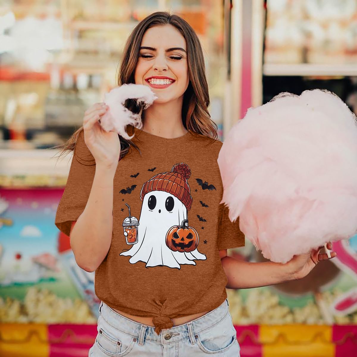 Detalle de DUTUT Halloween T-Shirt for Women, Pumpkin and Boo Ghost, Short Sleeve