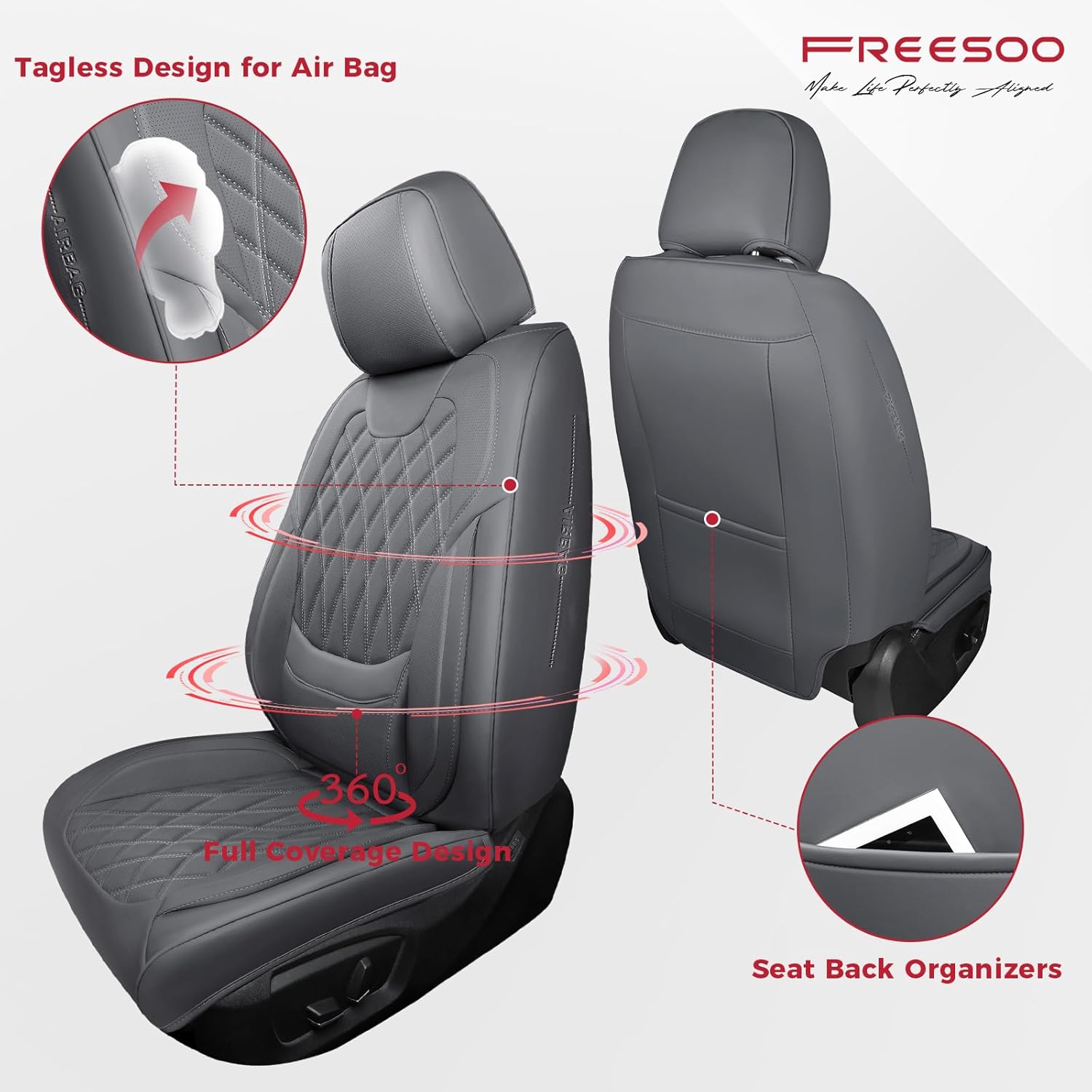 Thumbnail 1 de FREESOO Gray Car Seat Cover Full Set with Lumbar Support – Faux Nappa Leather, Breathable, Waterproof