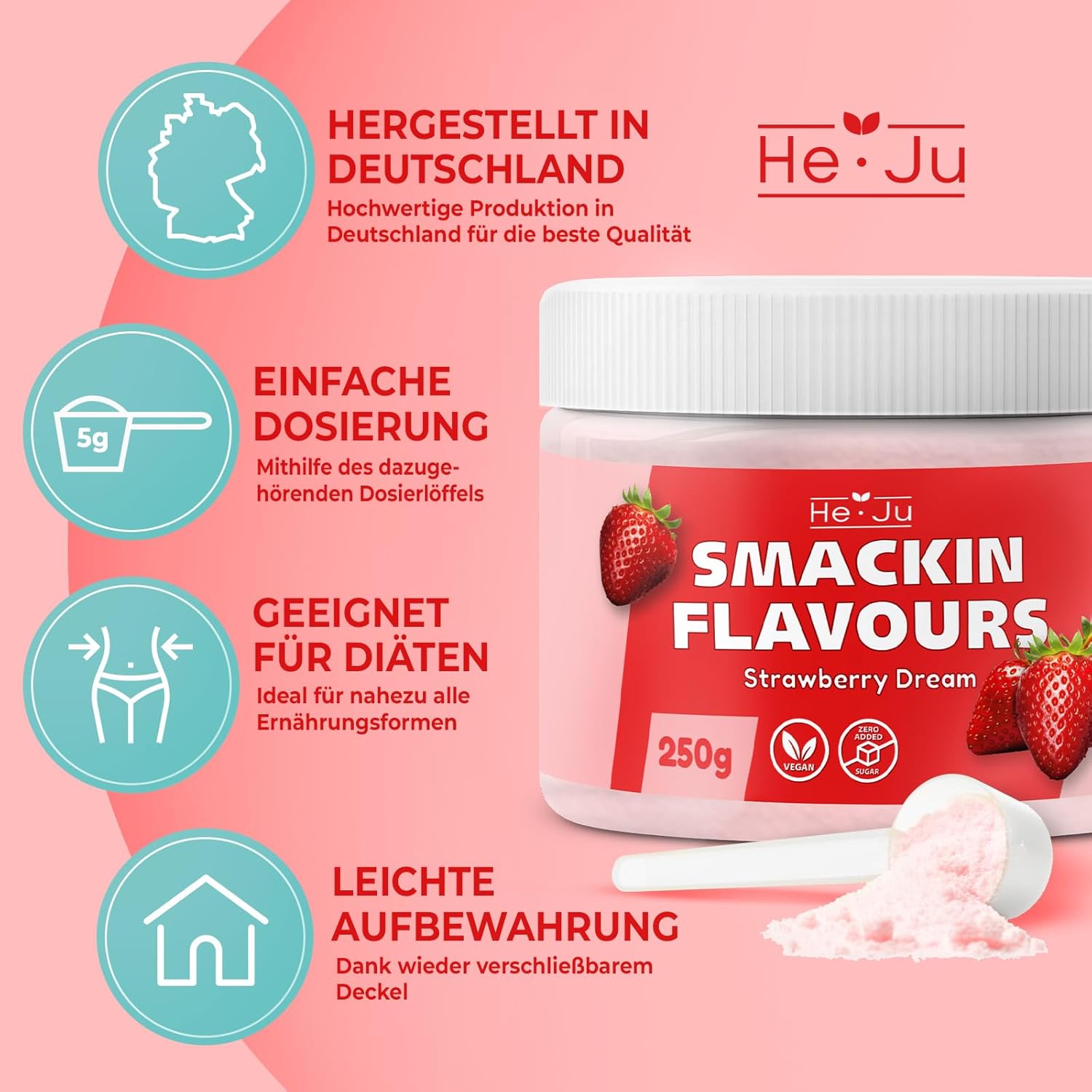 Thumbnail 3 de He-Ju Flavour Pulver Erdbeere (vegan) 250 g – zuckerfrei zum Süßen mit Erdbeer-Geschmack