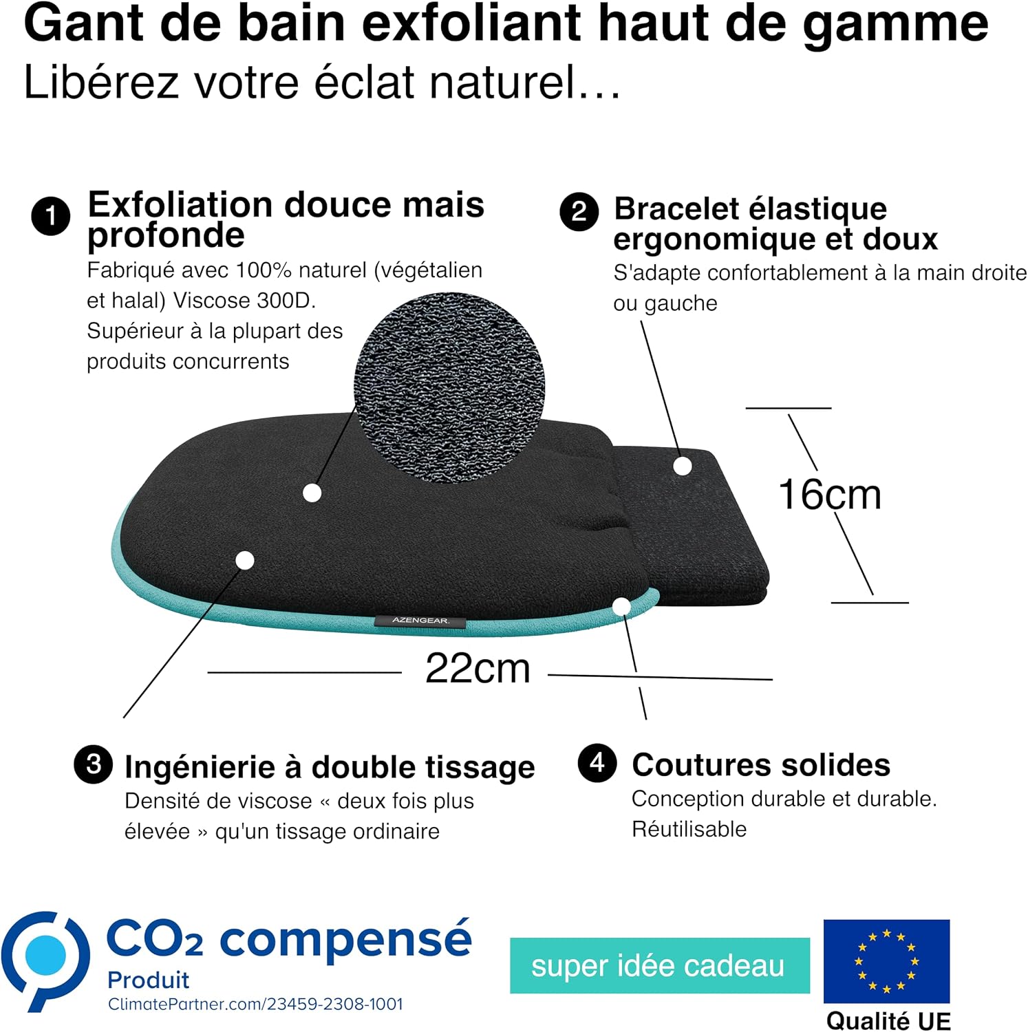 Detalle de aZengear Gant exfoliant (Paire) – Gant de gommage profond pour le bain coréen, noir