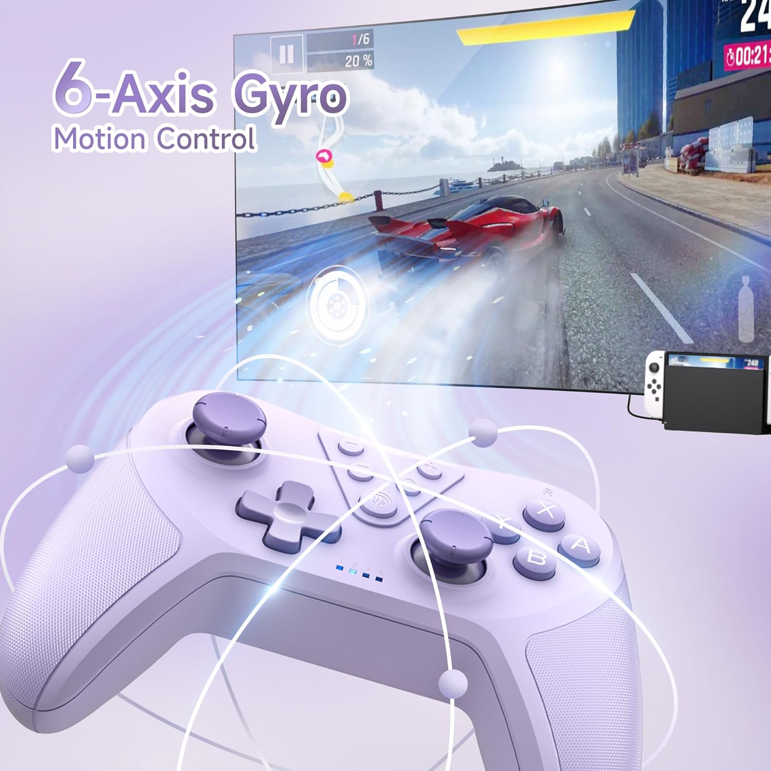 Detalle de EasySMX Controller for Switch Pro – Bluetooth Wireless, 6-Axis, 4 Programmable Back Buttons, Purple