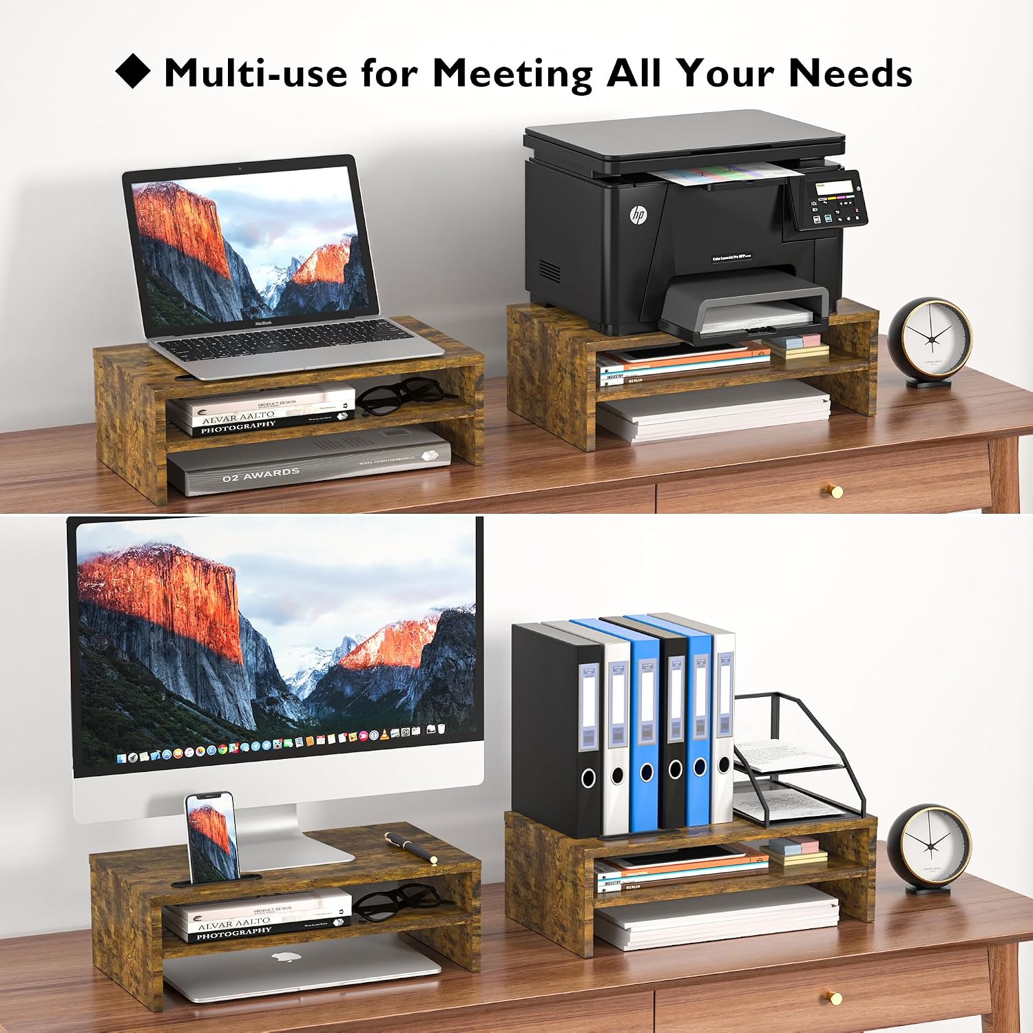 Detalle de BONTEC Wood Monitor Stand Riser with Smartphone Holder (2 tiers) – Rustic Brown